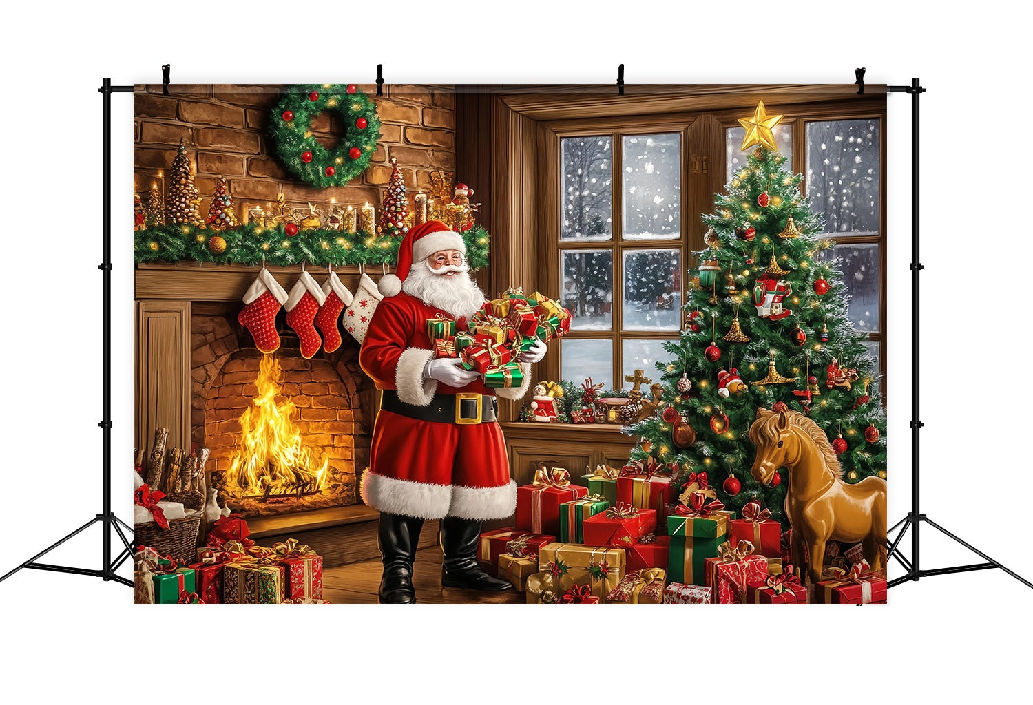 Weihnachtsmann Studiohintergrund Weihnachtsmann Kamin Geschenke Haufen Weihnachten Studiohintergrund für Fotografie TWW58-57