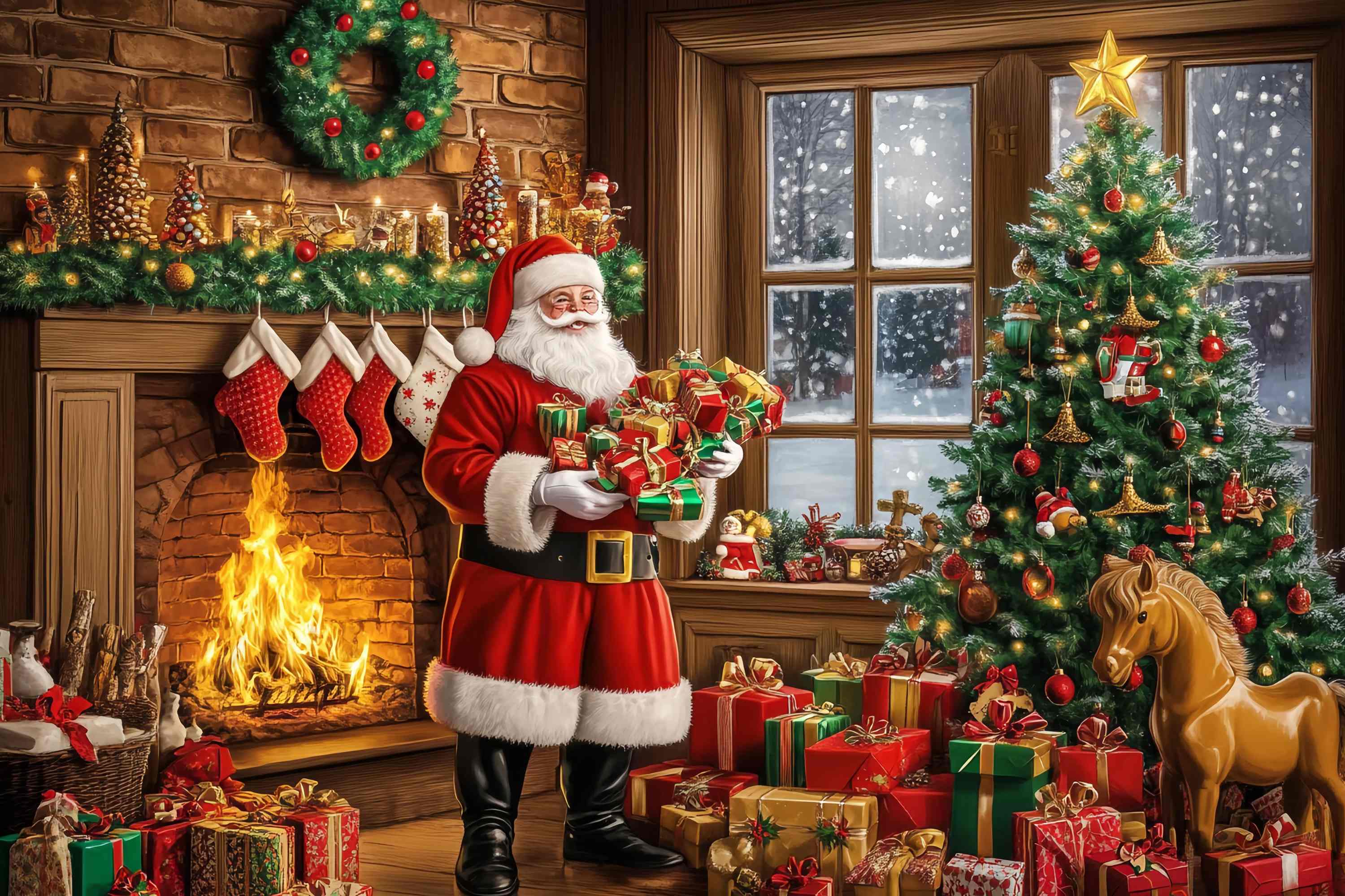 Weihnachtsmann Studiohintergrund Weihnachtsmann Kamin Geschenke Haufen Weihnachten Studiohintergrund für Fotografie TWW58-57