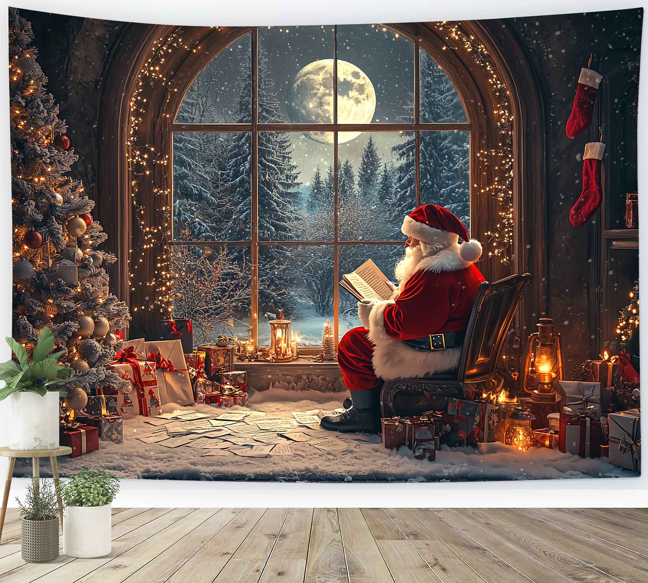 Weihnachtsmann Backdrop Weihnachtsmann Moonschein Fenster Lesen Weihnachten Backdrop TWW58-58
