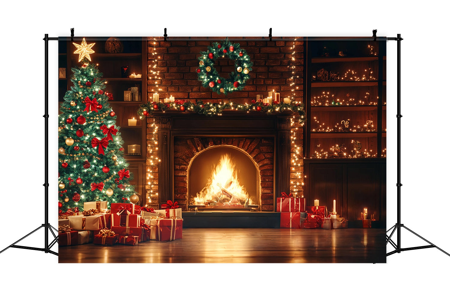 Weihnachten Kamin Backdrop Kamin Girlande Weihnachtsbaum Weihnachten Studiohintergrund für die Fotografie TWW58-59