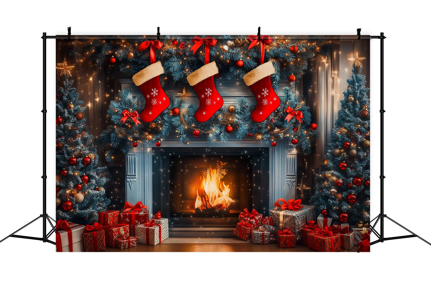 Weihnachtskamin Backdrop Strumpf Girlande Blaue Tannenbäume Weihnachten Studiohintergrund TWW58-62