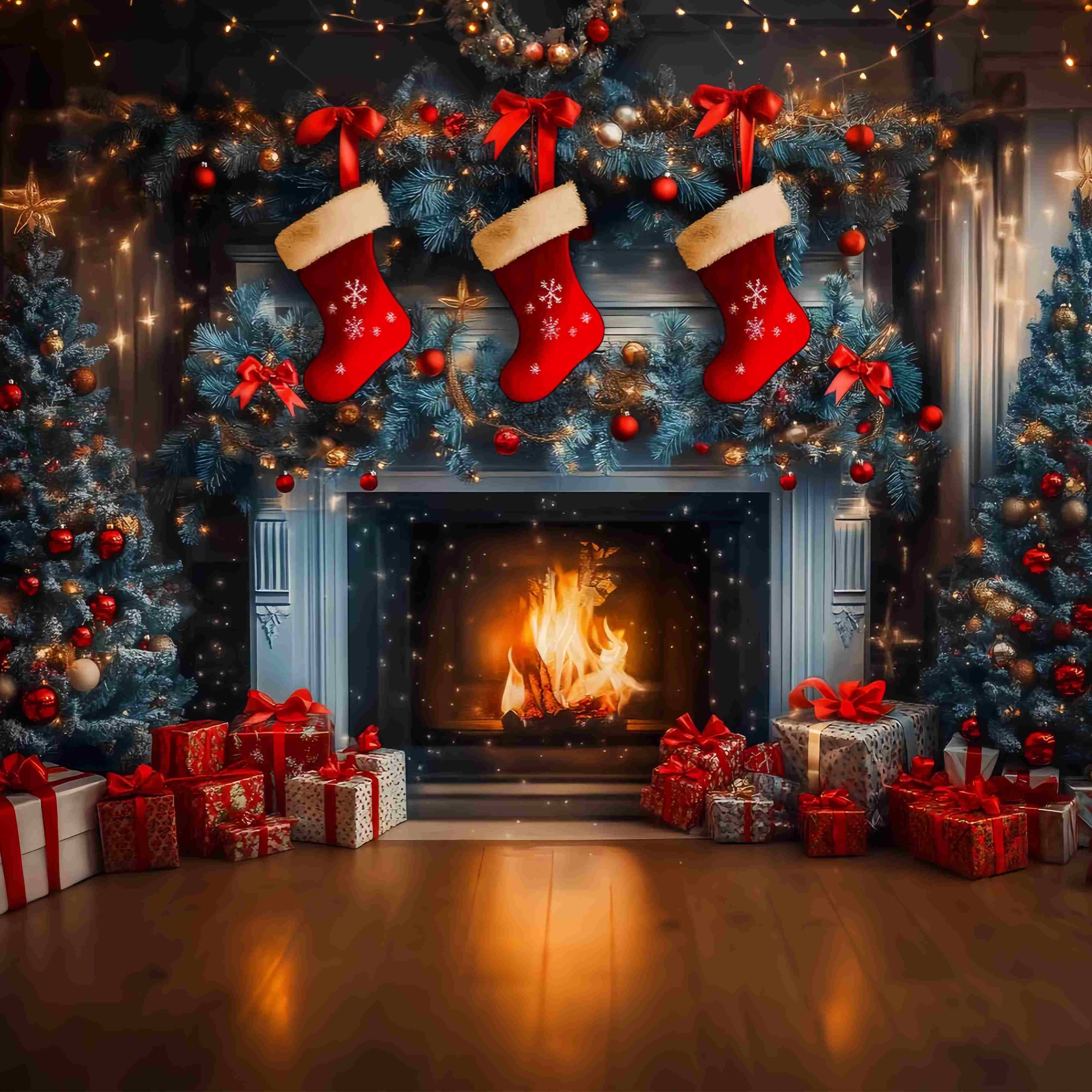 Weihnachtskamin Backdrop Strumpf Girlande Blaue Tannenbäume Weihnachten Studiohintergrund TWW58-62
