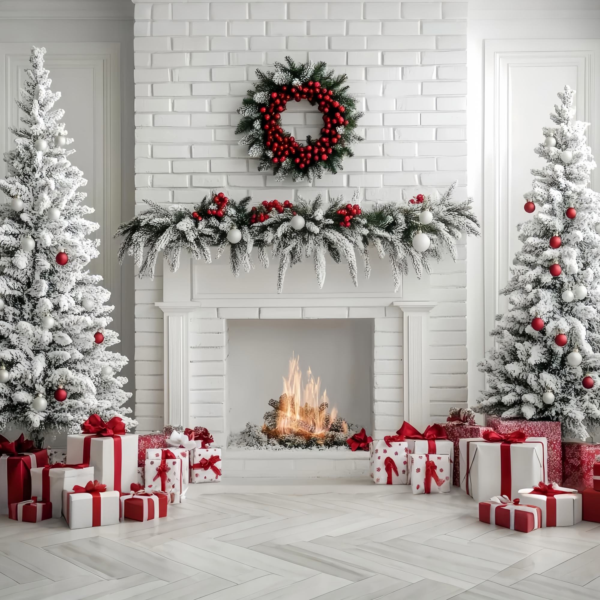 Weihnachtskamin Kulisse Weißer Backstein Kamin Schnee Bäume Weihnachten Fotohintergrund für Fotos TWW58-63