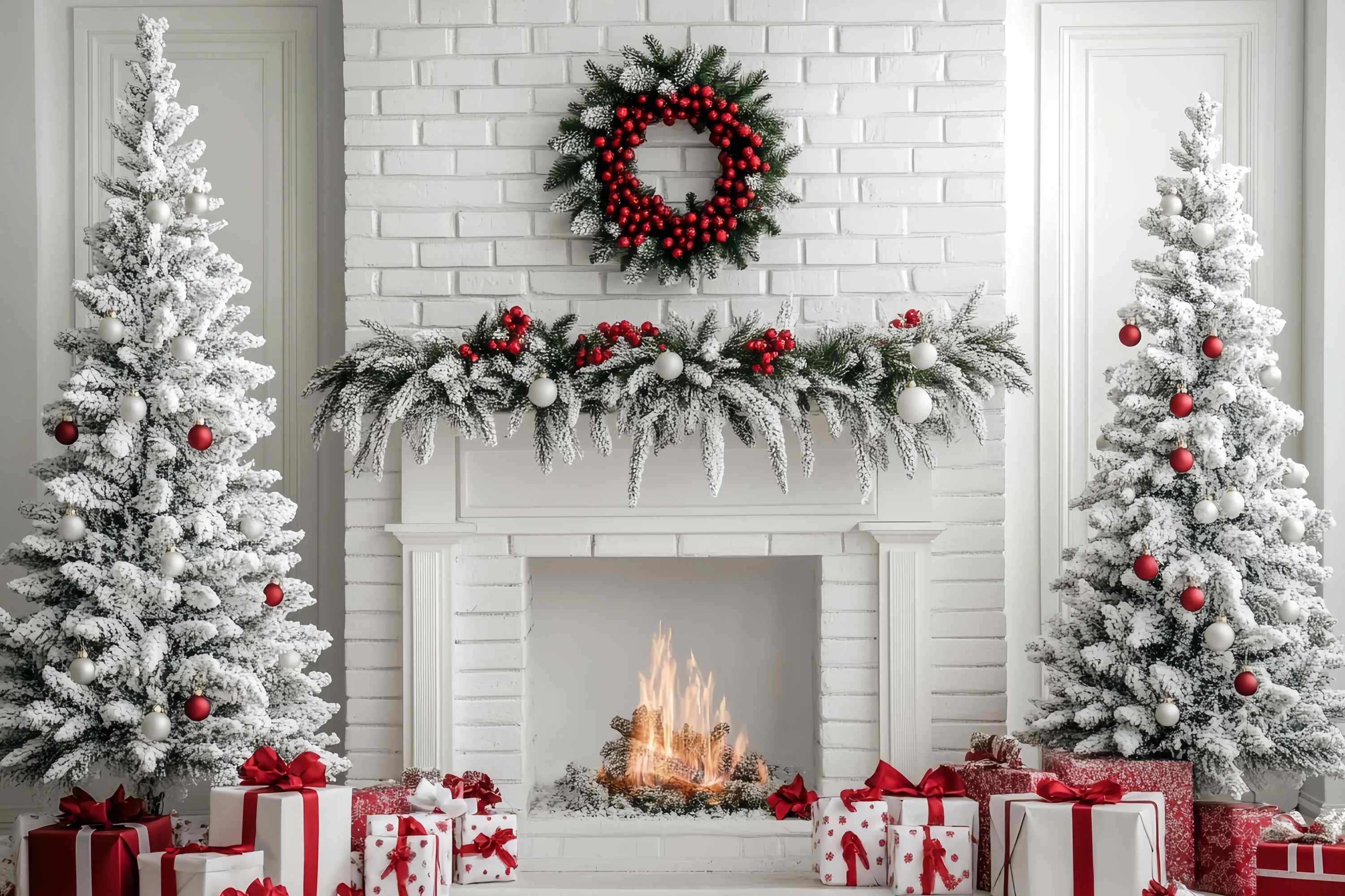 Weihnachtskamin Kulisse Weißer Backstein Kamin Schnee Bäume Weihnachten Fotohintergrund für Fotos TWW58-63