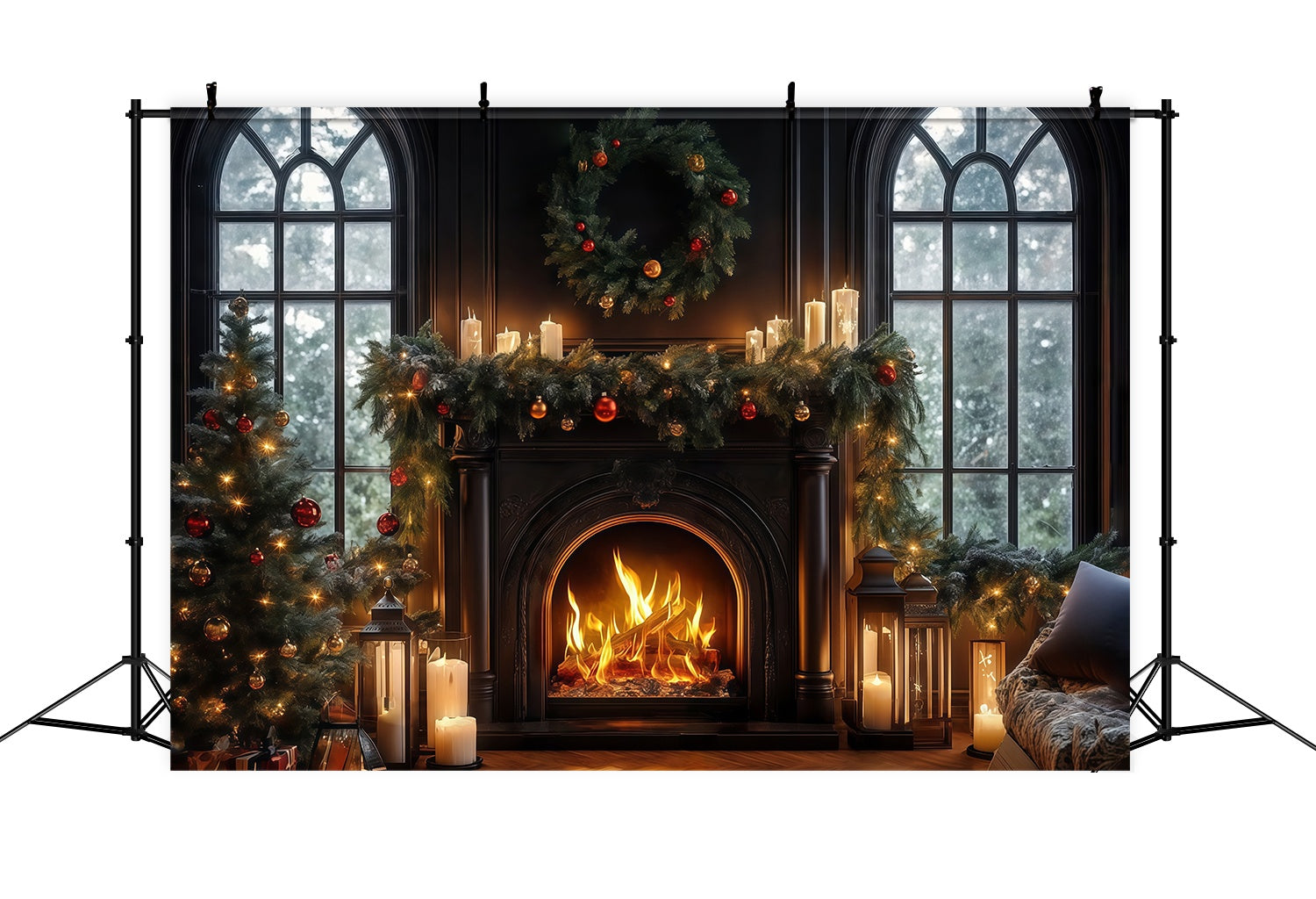 Weihnachten Kamin Fotohintergrund Kerzenlicht Schwarzer Kamin Kranz Weihnachten Fotohintergrund Fotografie TWW58-64