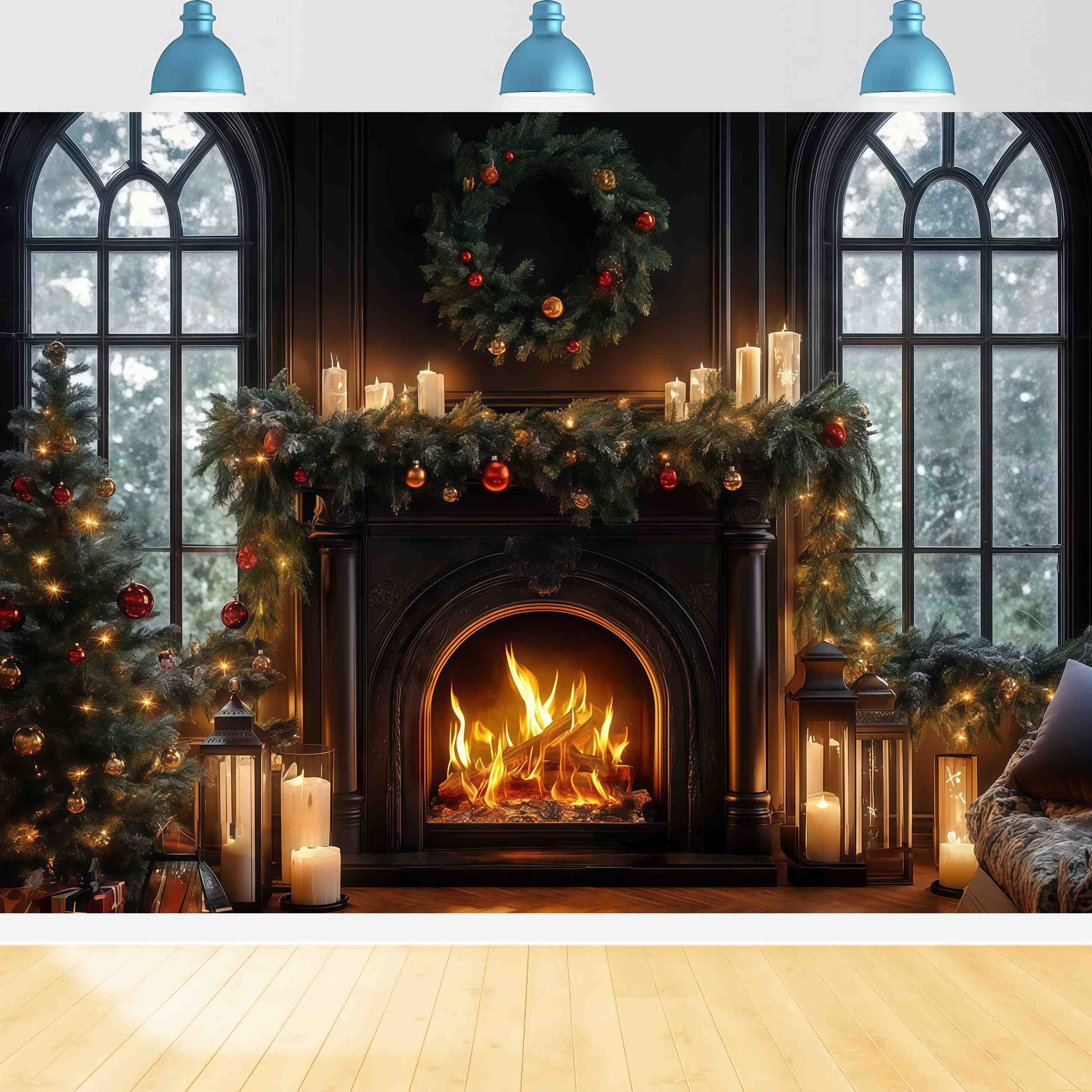 Weihnachten Kamin Fotohintergrund Kerzenlicht Schwarzer Kamin Kranz Weihnachten Fotohintergrund Fotografie TWW58-64