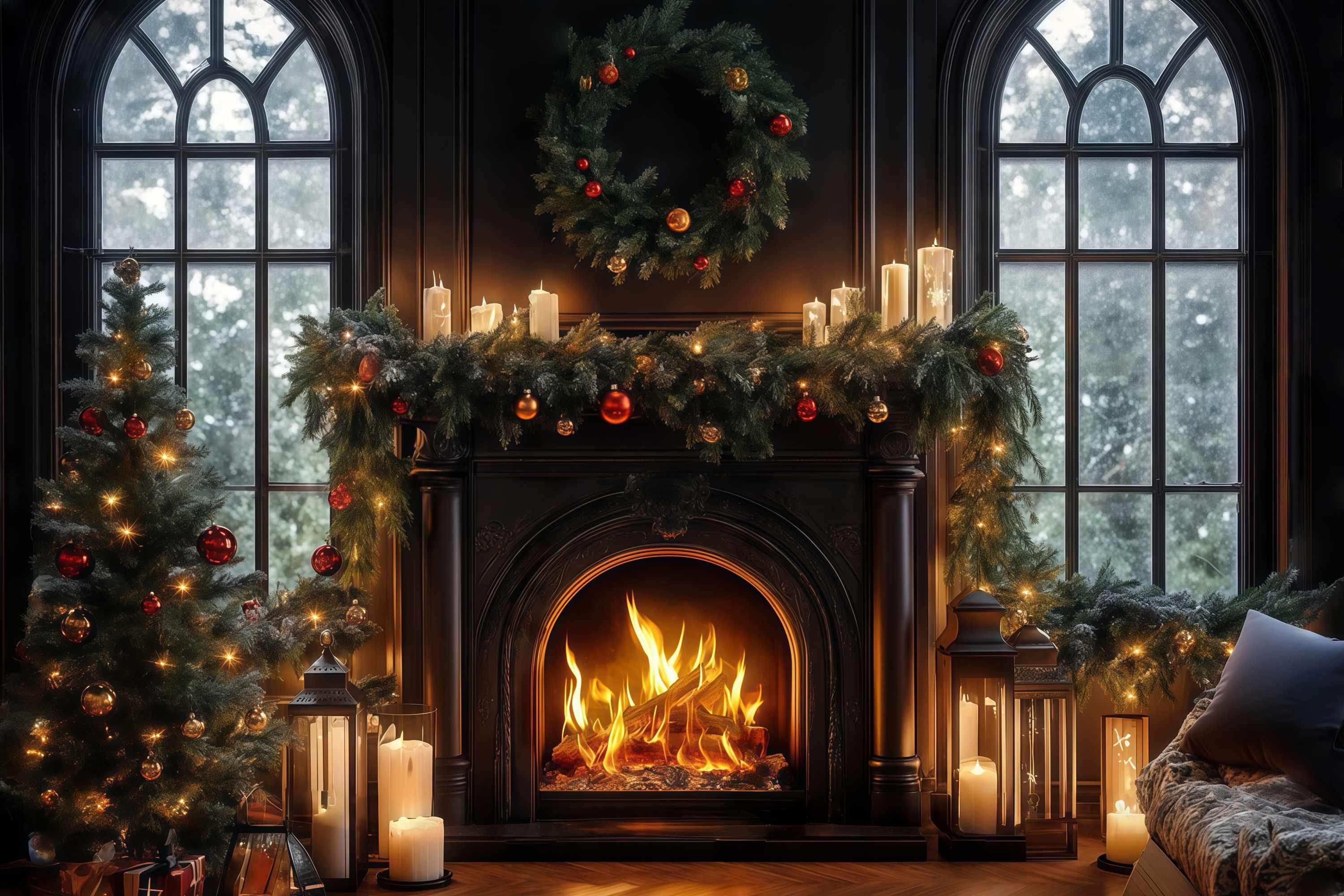 Weihnachten Kamin Fotohintergrund Kerzenlicht Schwarzer Kamin Kranz Weihnachten Fotohintergrund Fotografie TWW58-64