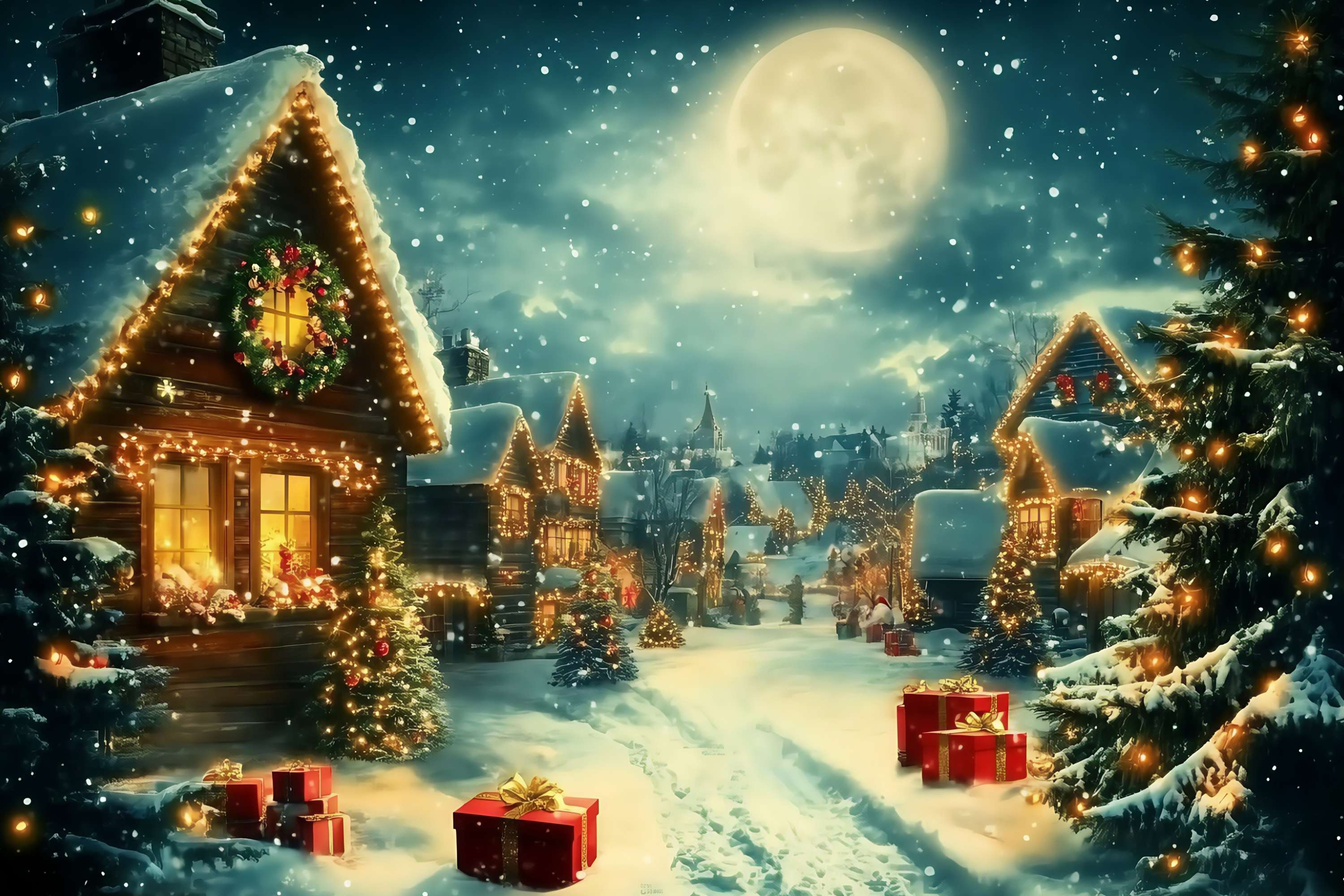 Christmas Village Backdrop Moonlit Village Schnee Lichter Geschenke Weihnachten Studiohintergrund TWW58-68