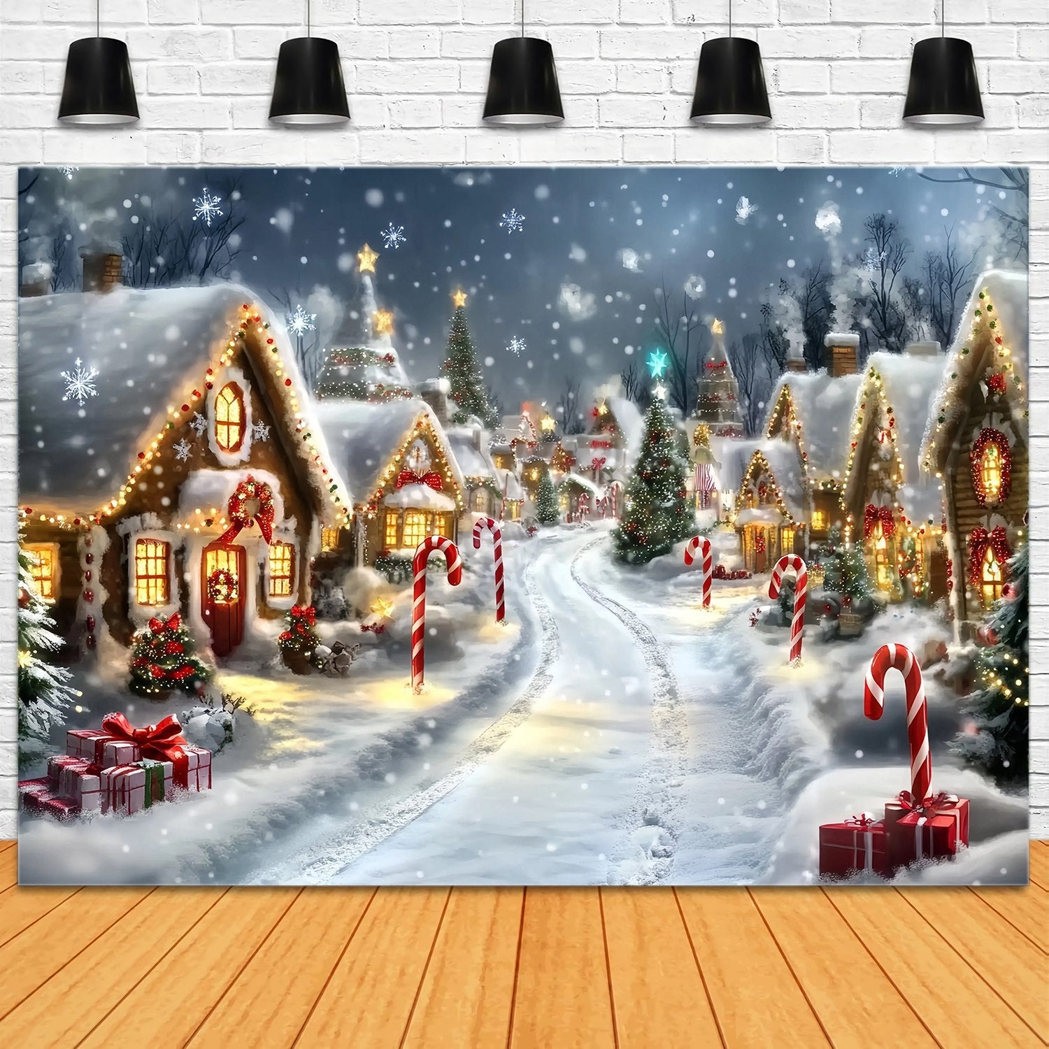 Candyland WeihnachtsFotohintergrund Lebkuchenhäuschen Verschneite Zuckerstangengasse Weihnachtshintergründe Verkauf TWW58-69