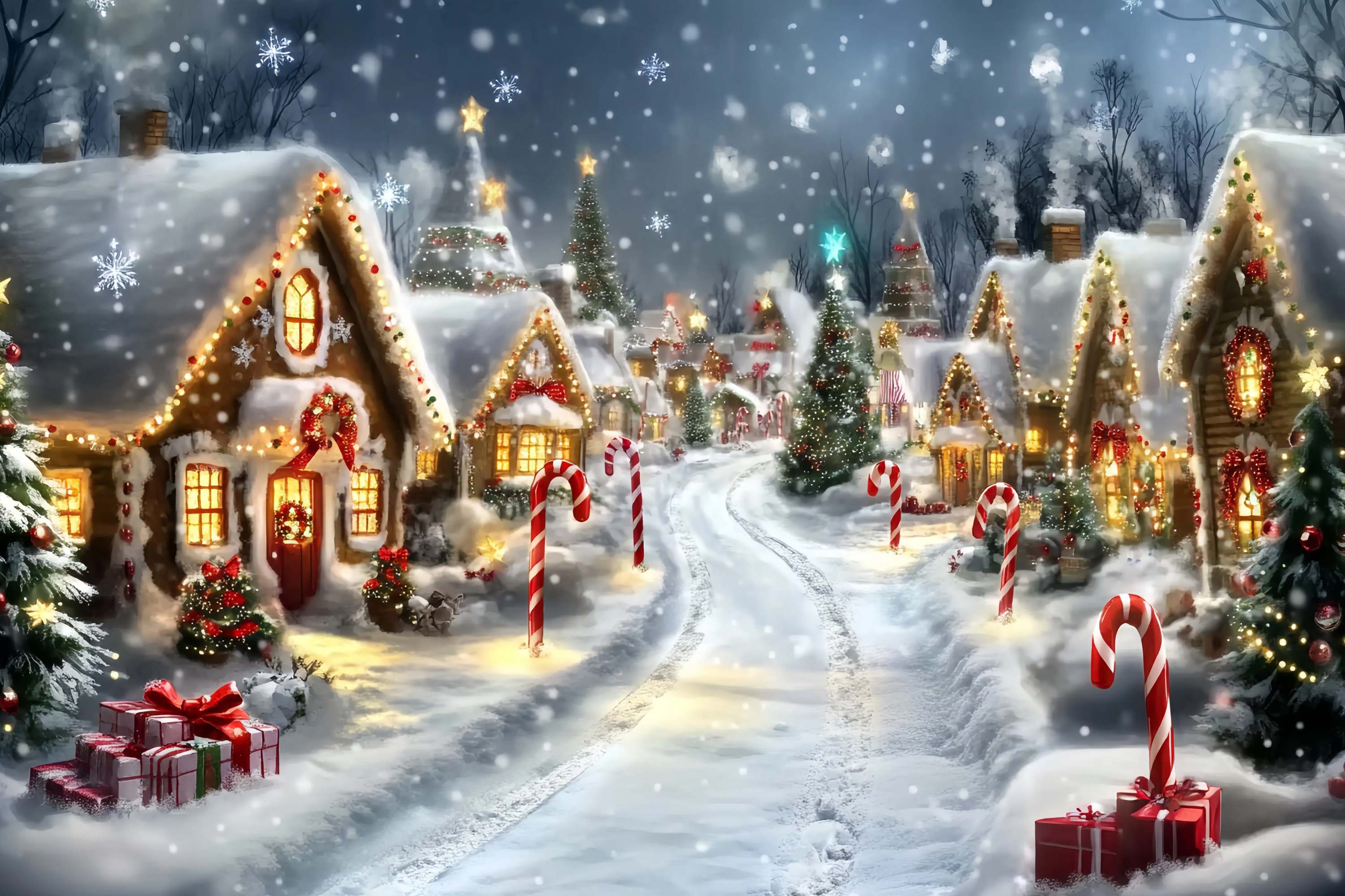 Candyland WeihnachtsFotohintergrund Lebkuchenhäuschen Verschneite Zuckerstangengasse Weihnachtshintergründe Verkauf TWW58-69