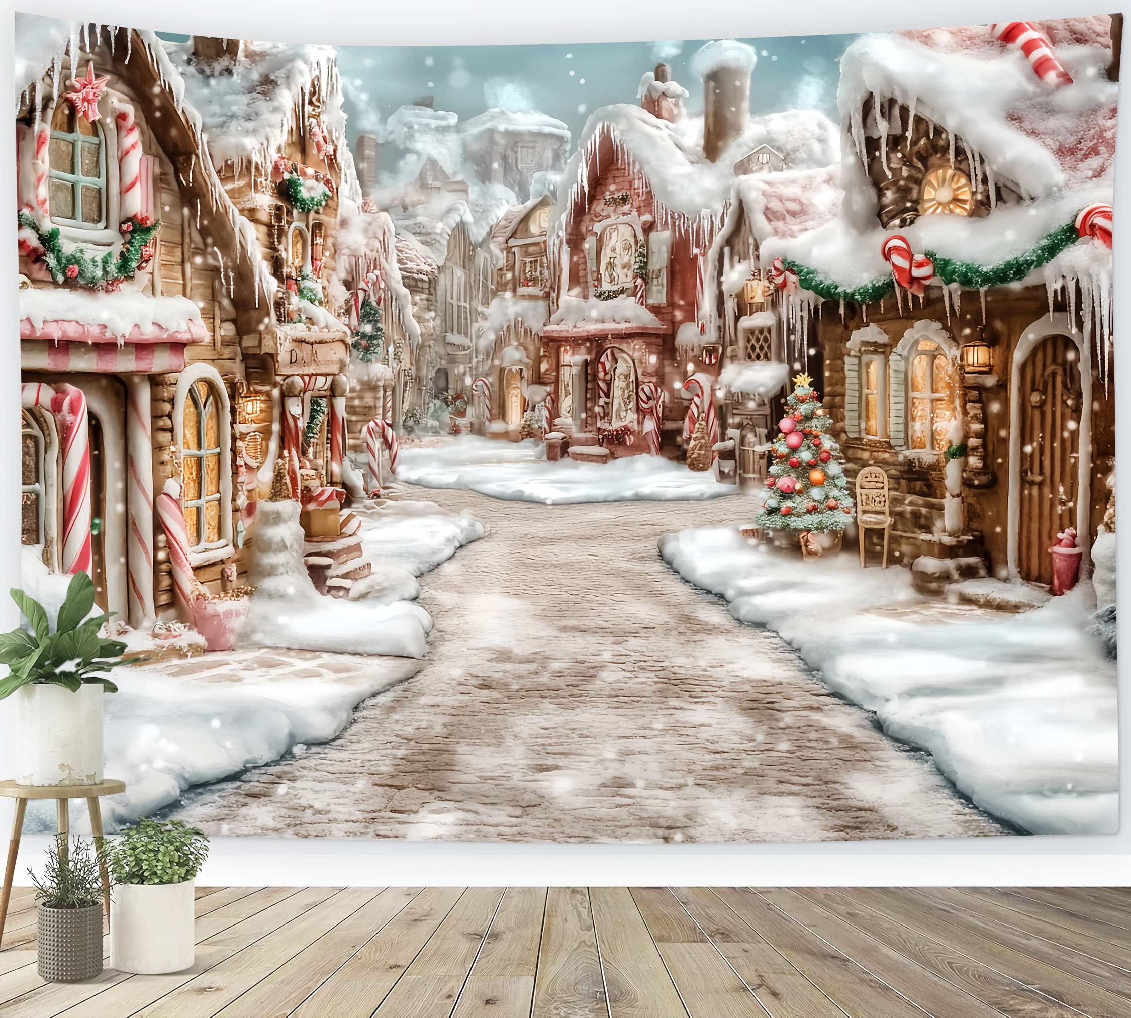 Candyland Christmas Backdrop Frosted Lebkuchen Village Candy Cane Path Weihnachts-Fotohintergrund, Weihnachtsfotohintergrund, Weihnachten Fotohintergrund TWW58-70