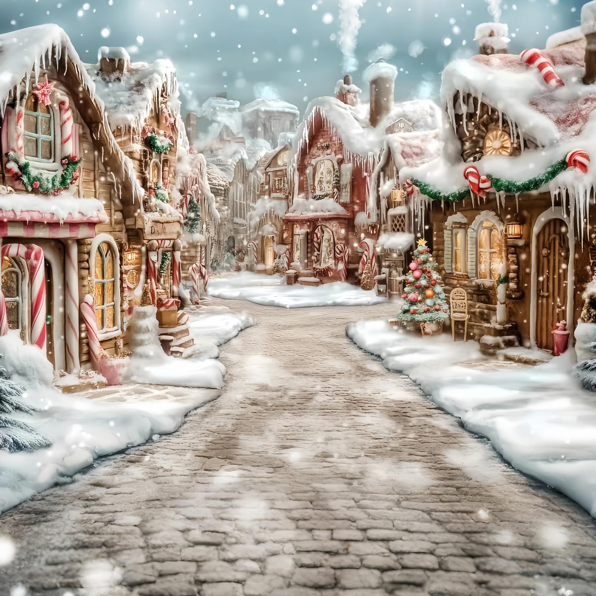 Candyland Christmas Backdrop Frosted Lebkuchen Village Candy Cane Path Weihnachts-Fotohintergrund, Weihnachtsfotohintergrund, Weihnachten Fotohintergrund TWW58-70