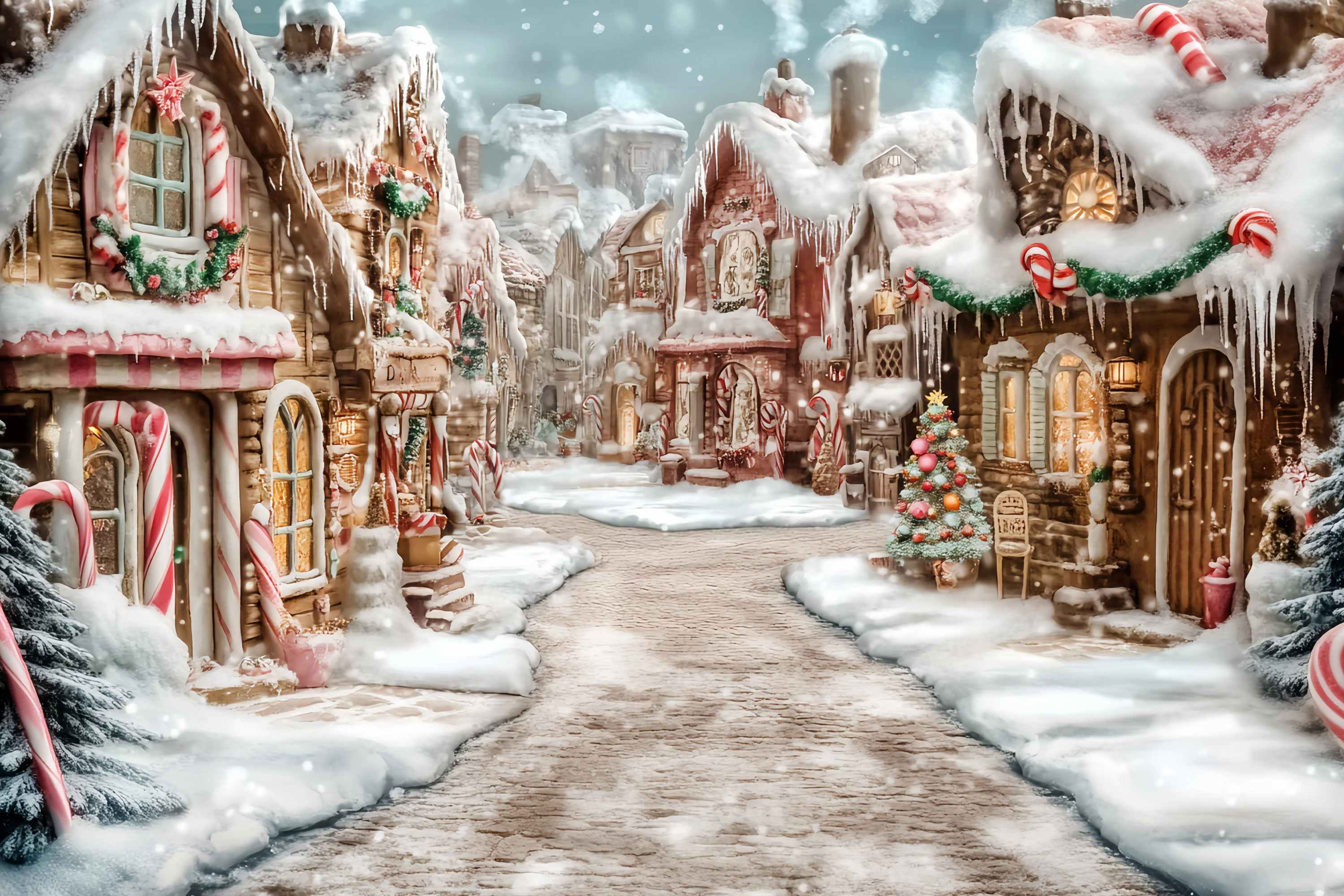 Candyland Christmas Backdrop Frosted Lebkuchen Village Candy Cane Path Weihnachts-Fotohintergrund, Weihnachtsfotohintergrund, Weihnachten Fotohintergrund TWW58-70