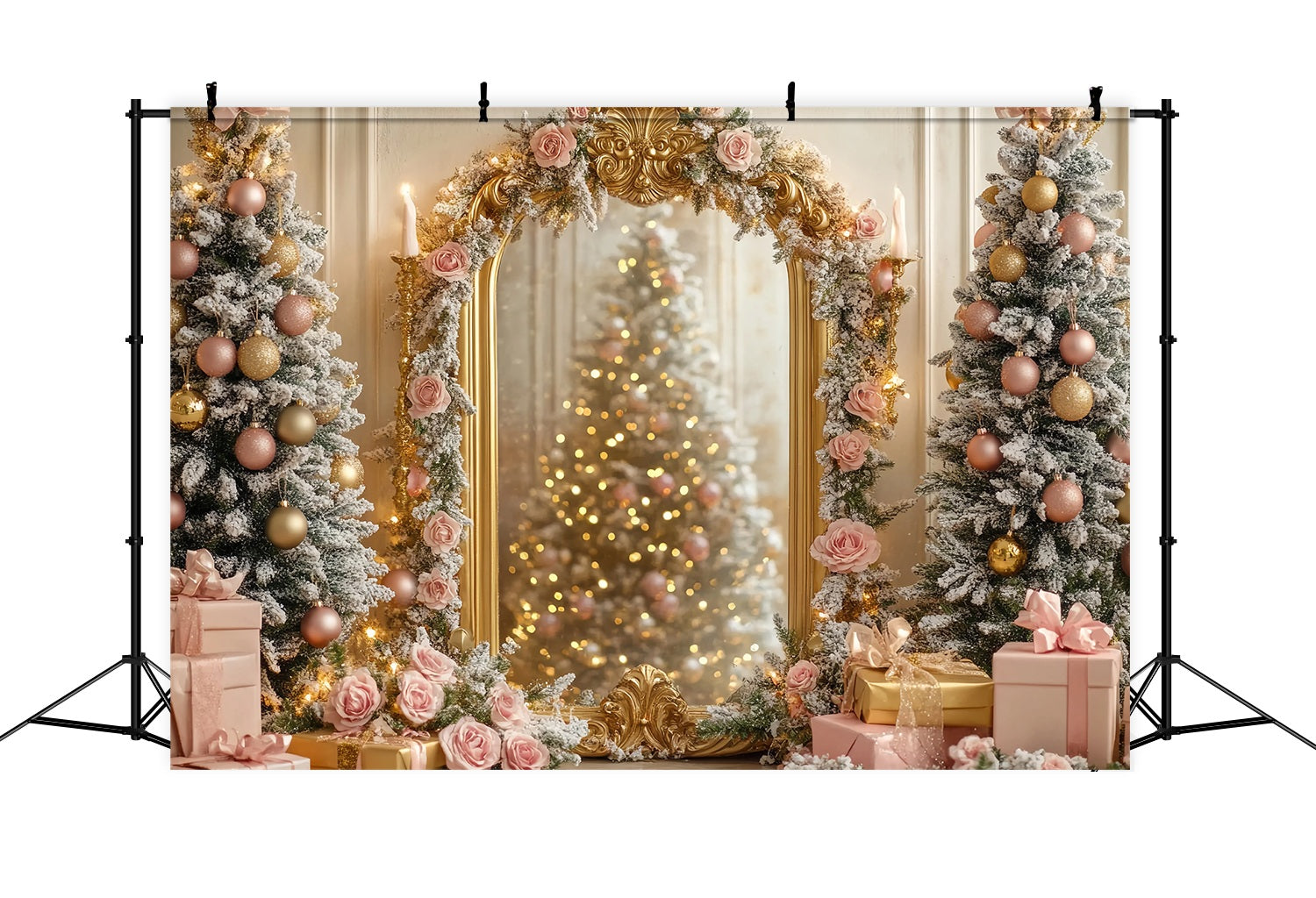 Weihnachtsbaum Backdrop Golden Mirror Rosa Rose Tree Glow Weihnachten Studiohintergrund TWW58-75