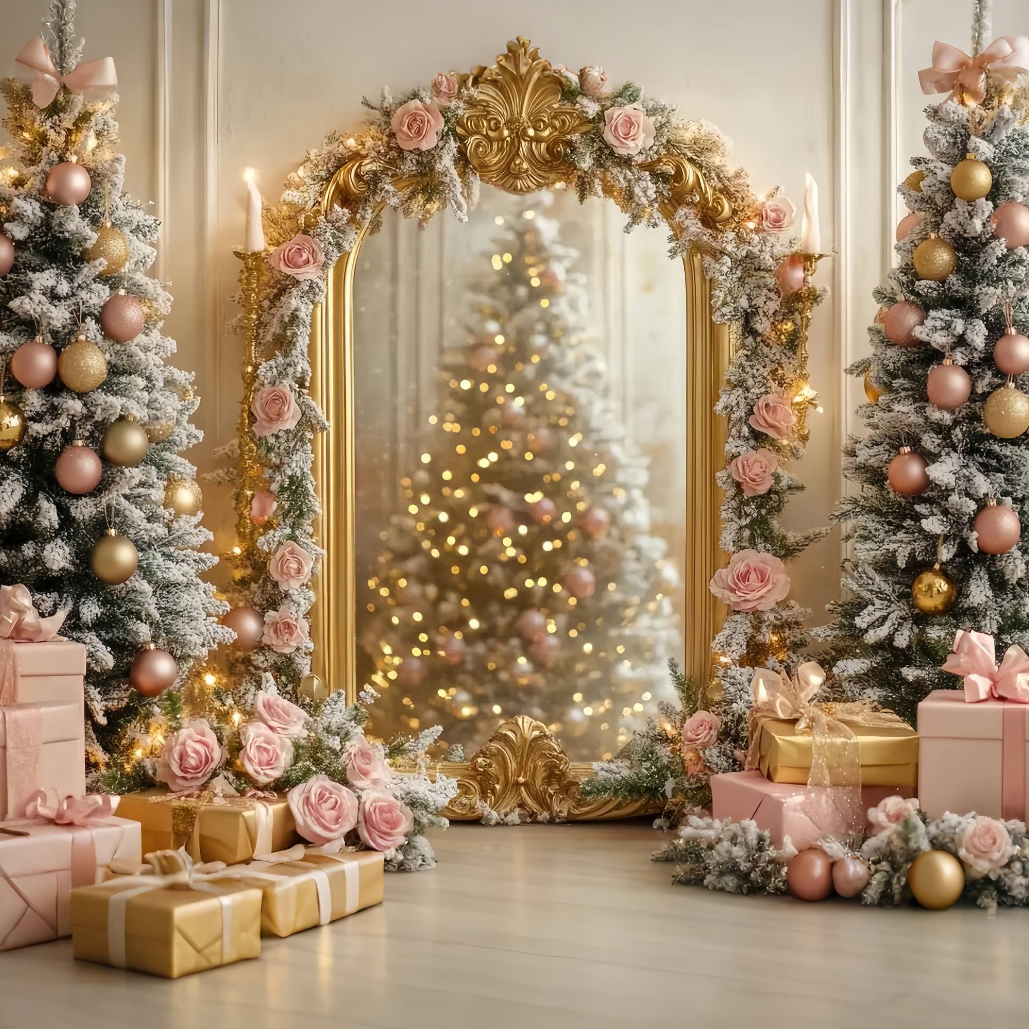 Weihnachtsbaum Backdrop Golden Mirror Rosa Rose Tree Glow Weihnachten Studiohintergrund TWW58-75