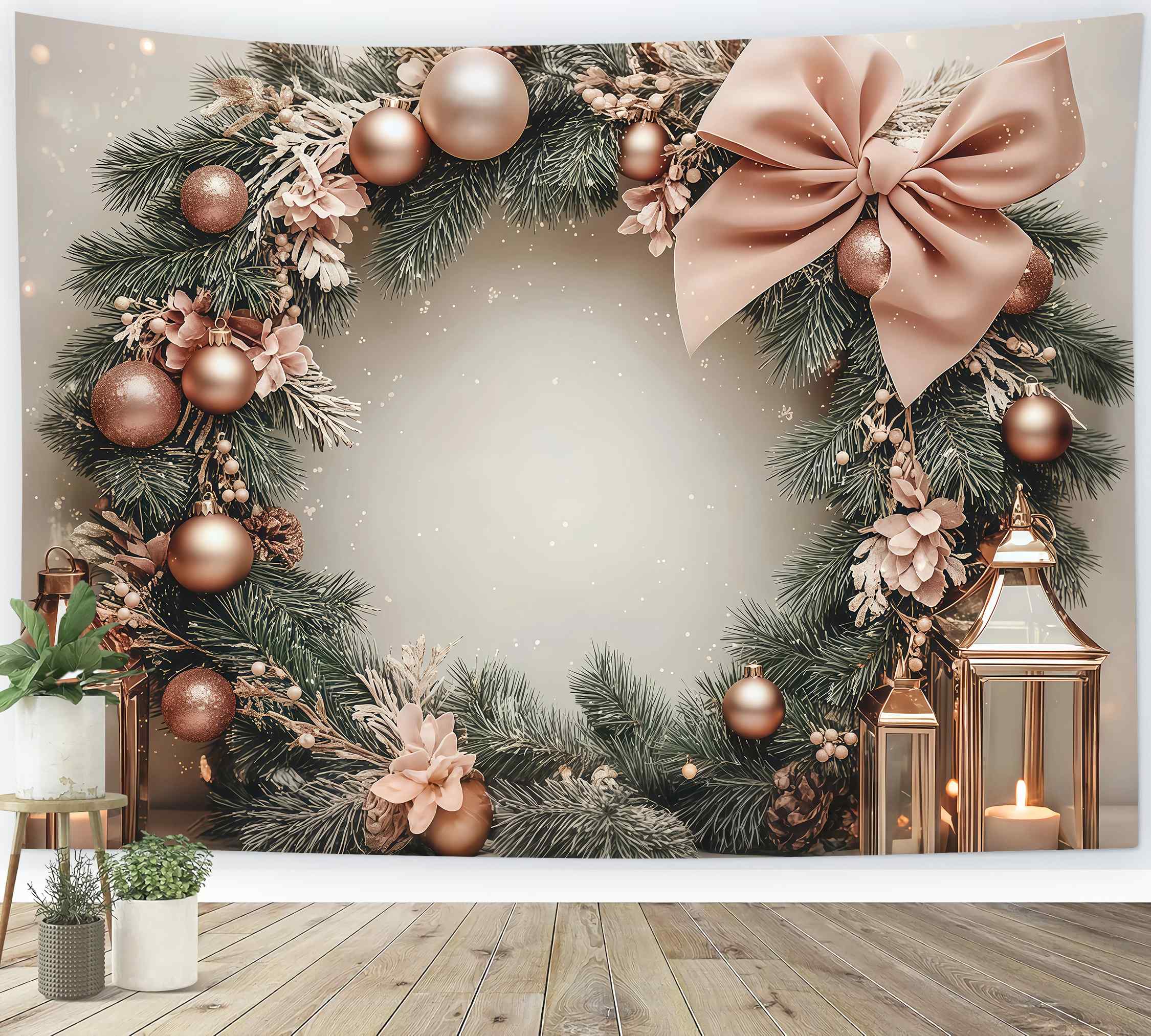 Rosa Weihnachten Backdrop Blush Bauble Pine Wreath Laterne Glow Weihnachten Fotografie Studiohintergrund TWW58-78
