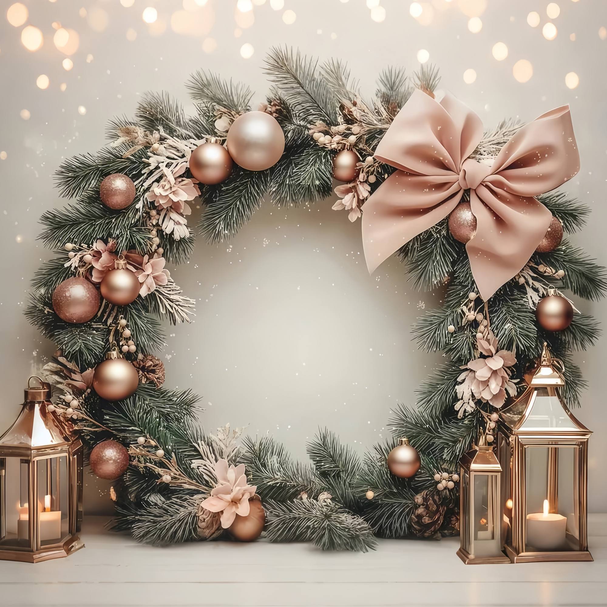 Rosa Weihnachten Backdrop Blush Bauble Pine Wreath Laterne Glow Weihnachten Fotografie Studiohintergrund TWW58-78