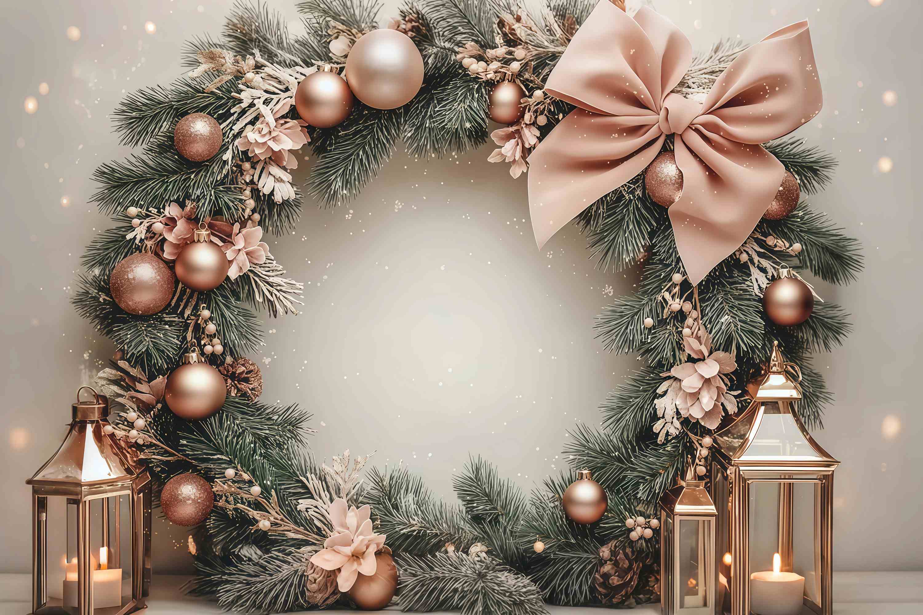 Rosa Weihnachten Backdrop Blush Bauble Pine Wreath Laterne Glow Weihnachten Fotografie Studiohintergrund TWW58-78