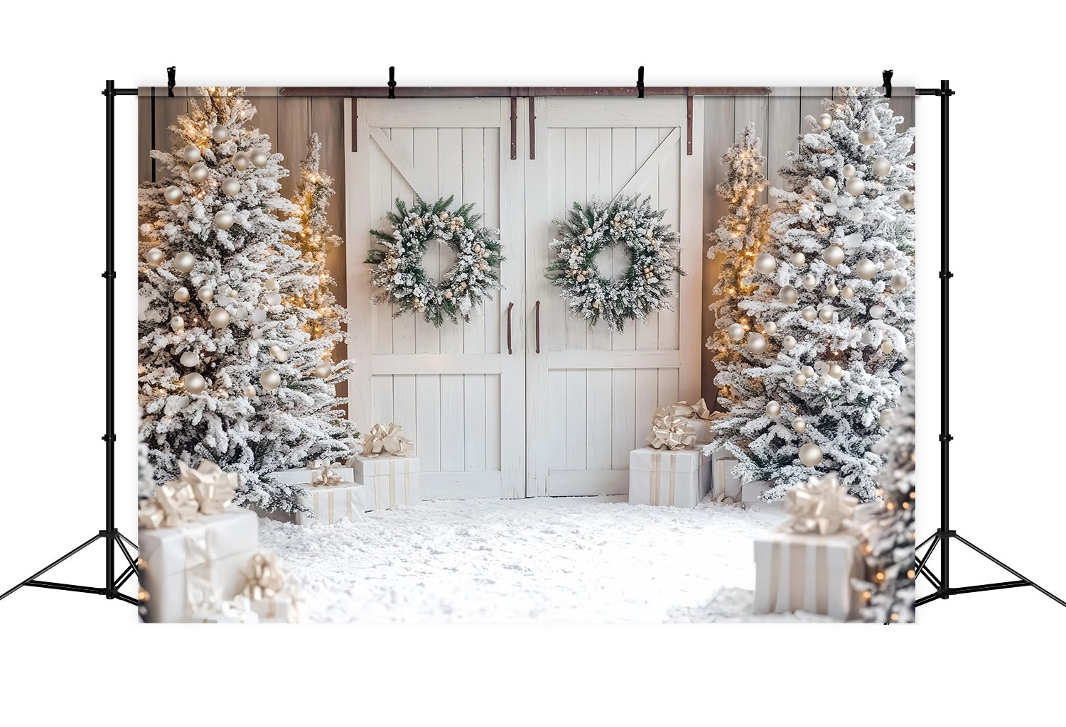 Weiße Weihnachten Fotohintergrund schneebedeckten Bäumen weiße Scheune Tür Kränze Weihnachten Fotohintergrund für Fotos TWW58-81