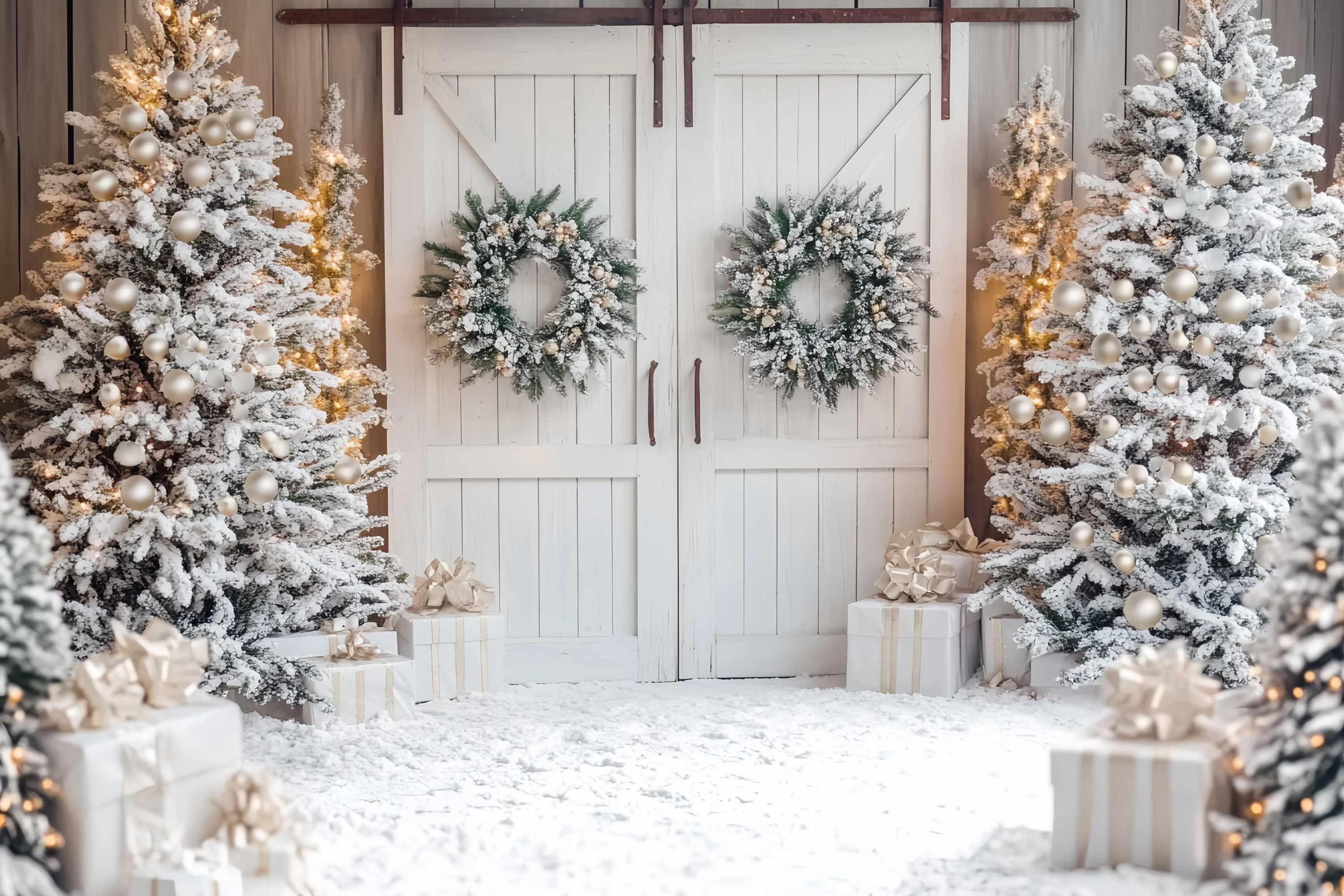 Weiße Weihnachten Fotohintergrund schneebedeckten Bäumen weiße Scheune Tür Kränze Weihnachten Fotohintergrund für Fotos TWW58-81