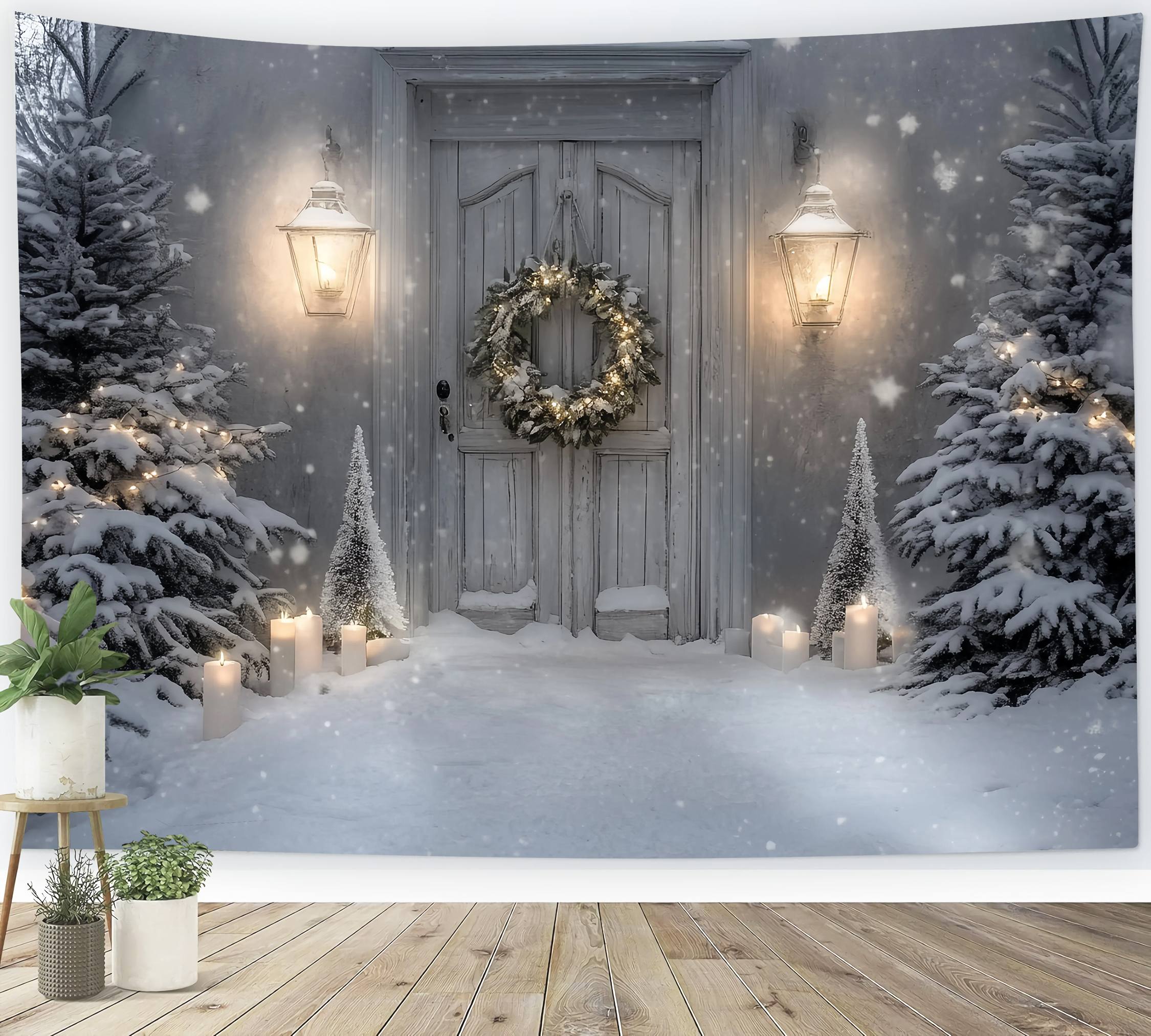 Weiße Weihnachten Fotohintergrund verschneite Veranda Laterne Kerze glühen Weihnachten Fotokulisse TWW58-82