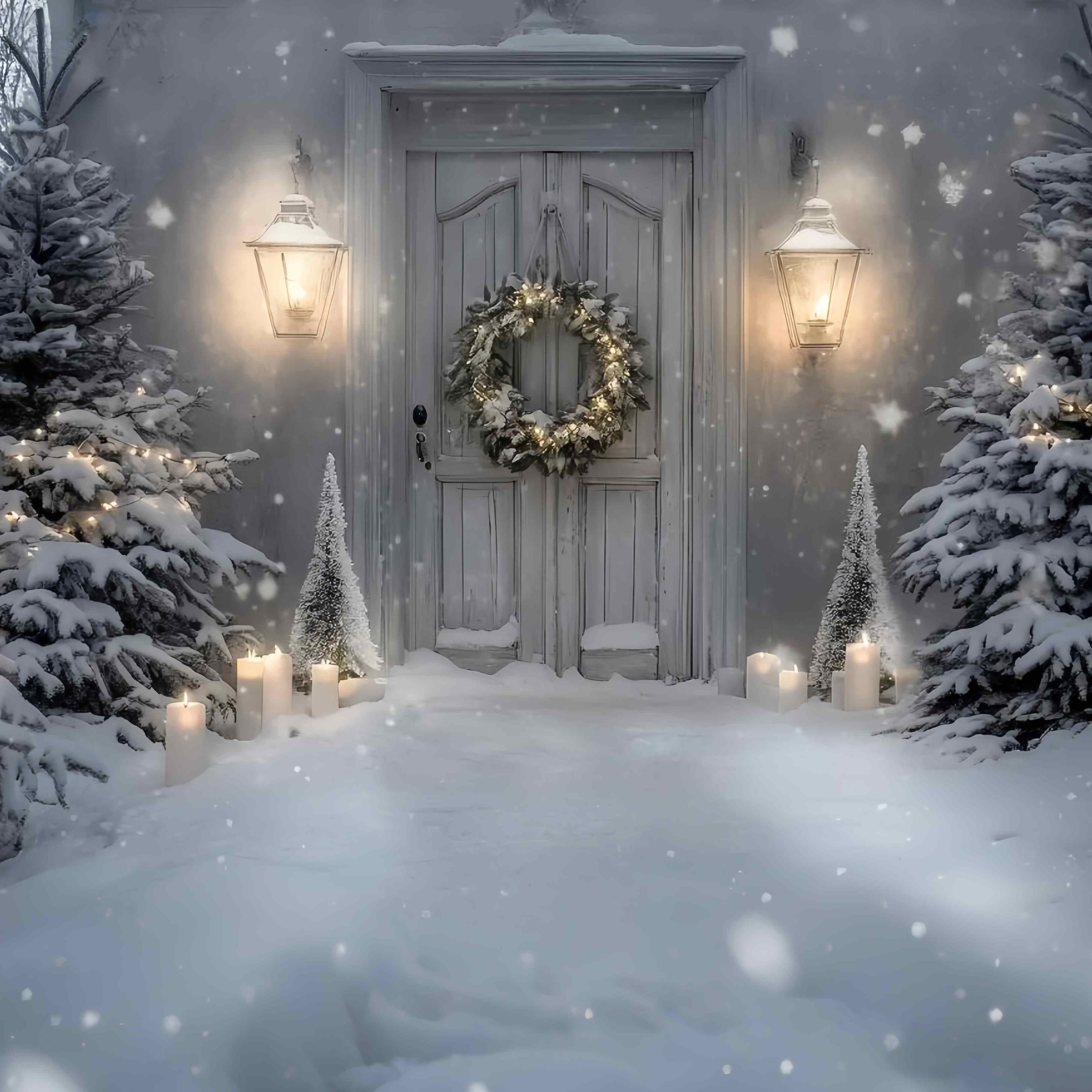 Weiße Weihnachten Fotohintergrund verschneite Veranda Laterne Kerze glühen Weihnachten Fotokulisse TWW58-82