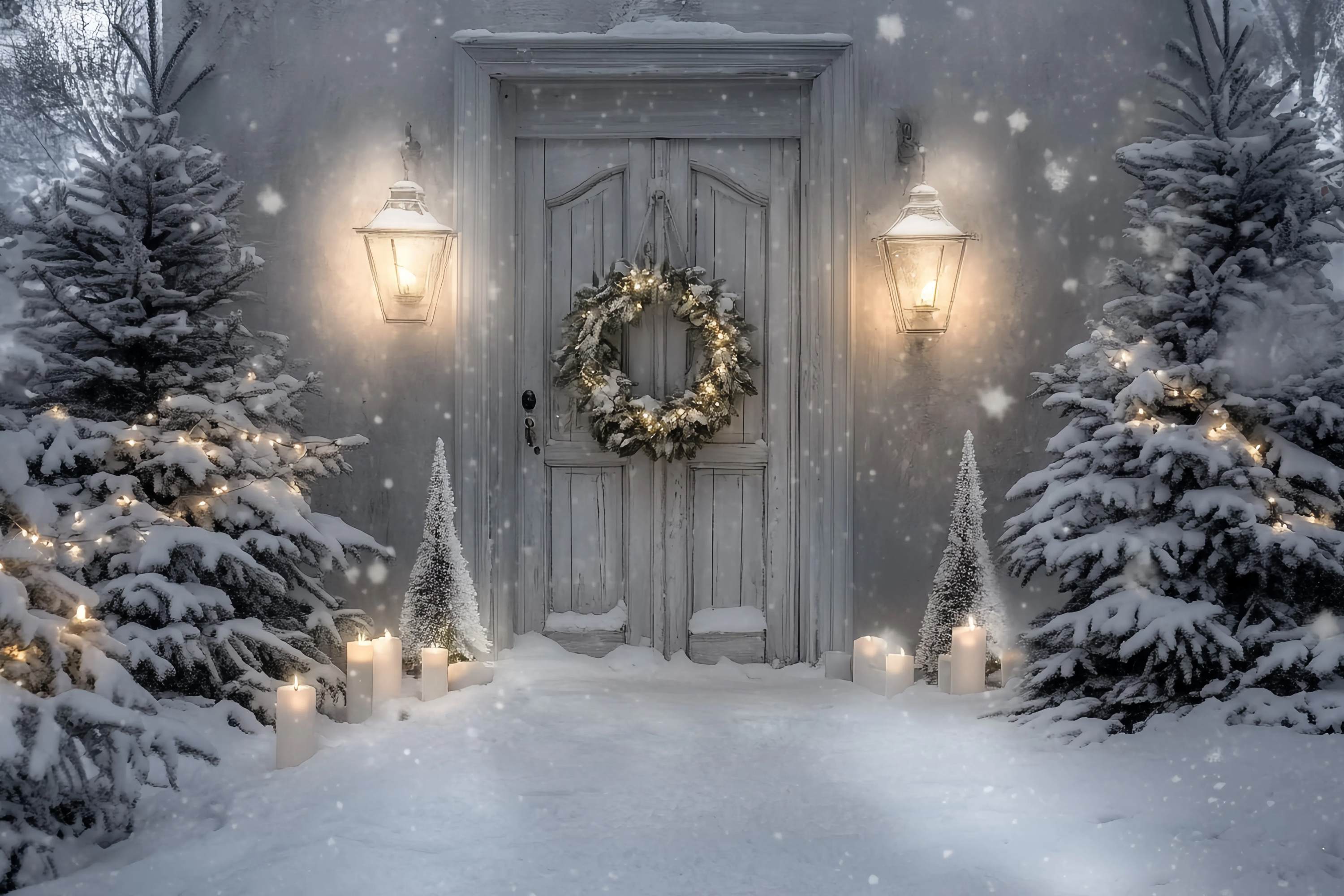 Weiße Weihnachten Fotohintergrund verschneite Veranda Laterne Kerze glühen Weihnachten Fotokulisse TWW58-82