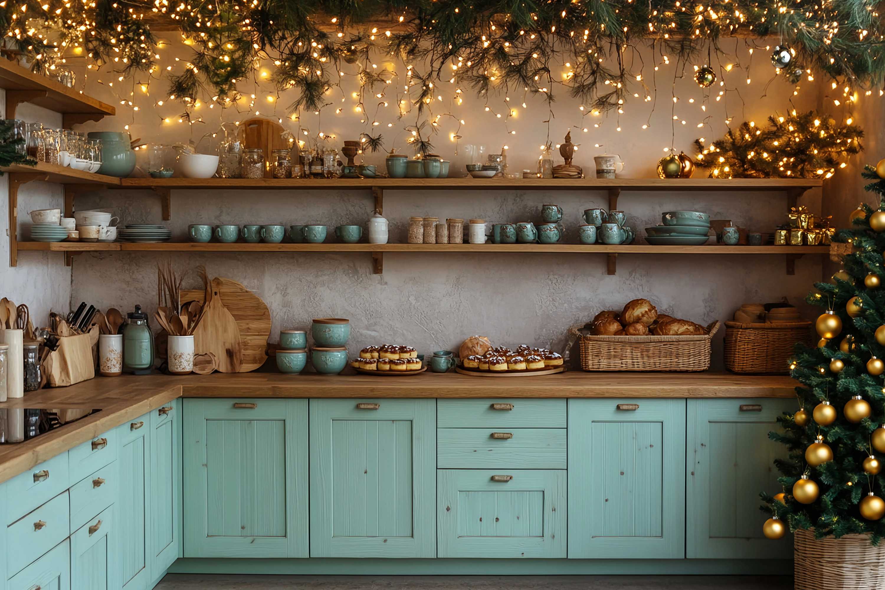 Weihnachten Küche Backdrop Rustikale Küche Weihnachten Bäckerei Dekor Weihnachten Studiohintergrund 10x10 TWW58-83