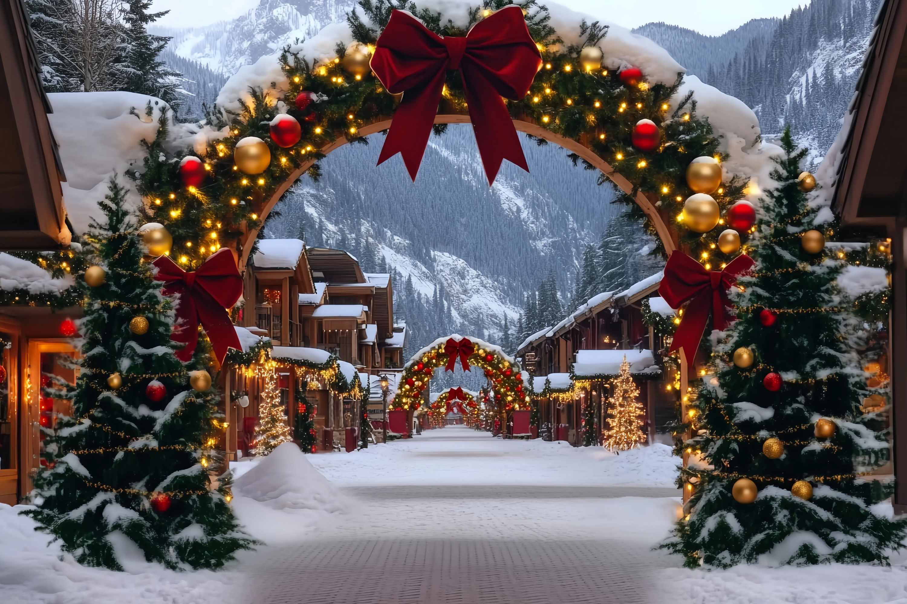 Weihnachtsdorf Fotohintergrund Alpenländisches Dorf Rot-Goldener Torbogen Weihnachten Fotokulissen TWW58-84