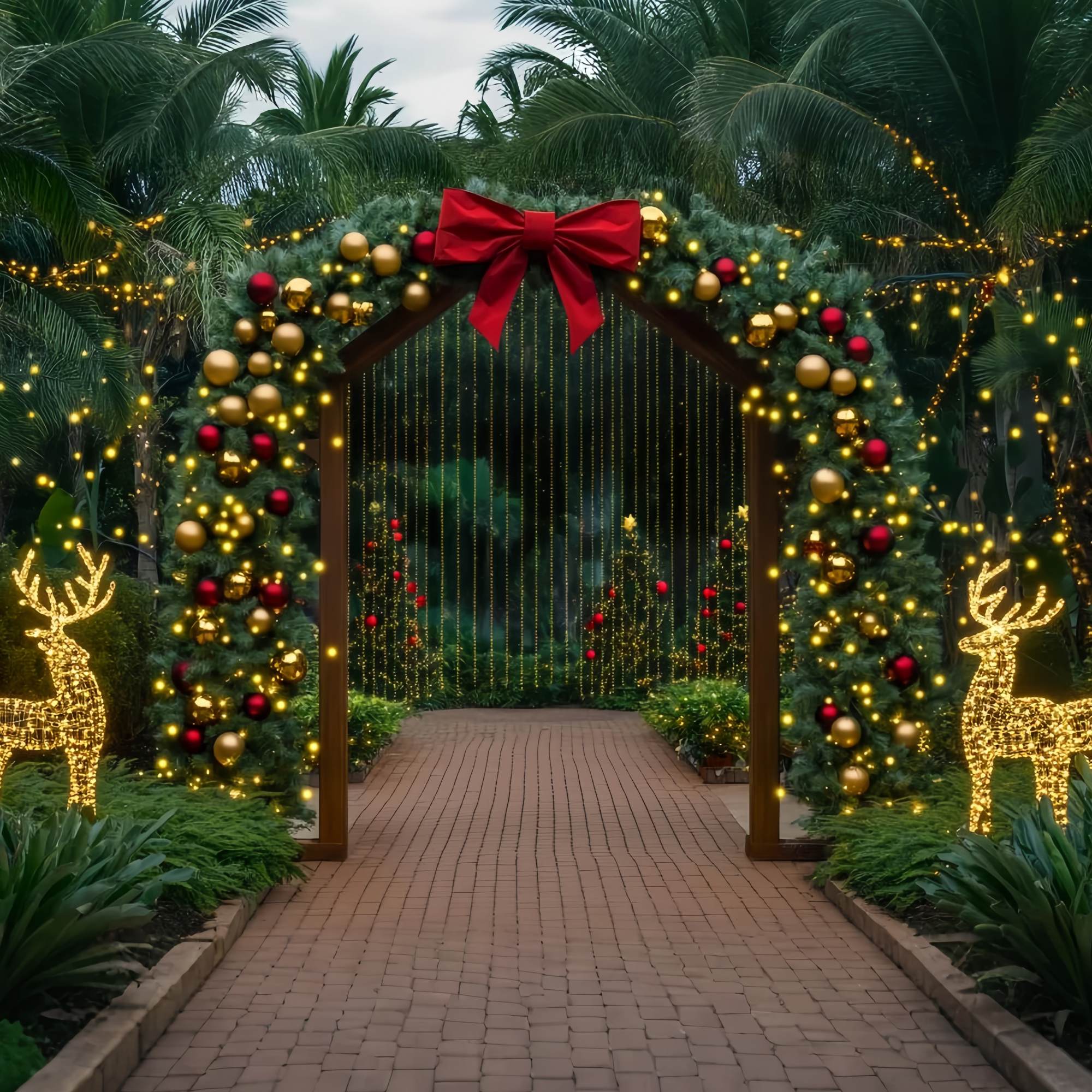 Weihnachtsbaum Bauernhof Backdrop Golden Archway Rentier Licht Display Weihnachten Fotohintergrund für Fotos TWW58-85