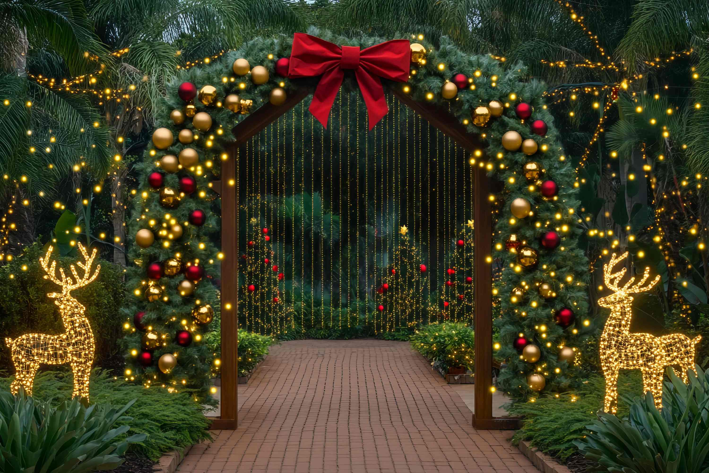 Weihnachtsbaum Bauernhof Backdrop Golden Archway Rentier Licht Display Weihnachten Fotohintergrund für Fotos TWW58-85