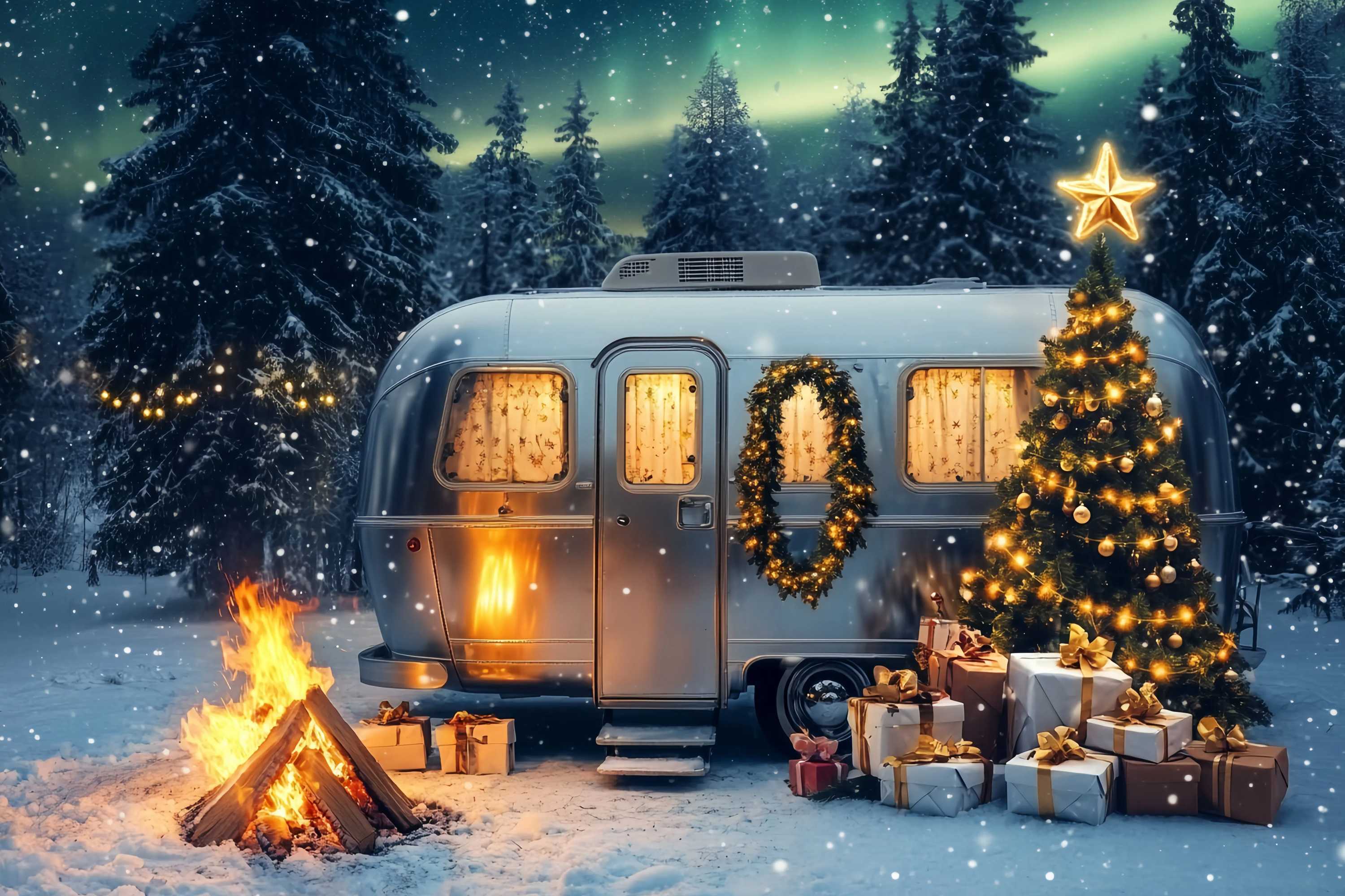 Weihnachtsbaum Bauernhof Backdrop Schneey Camper Weihnachtsbaum Magie Fotohintergrund Weihnachten TWW58-86