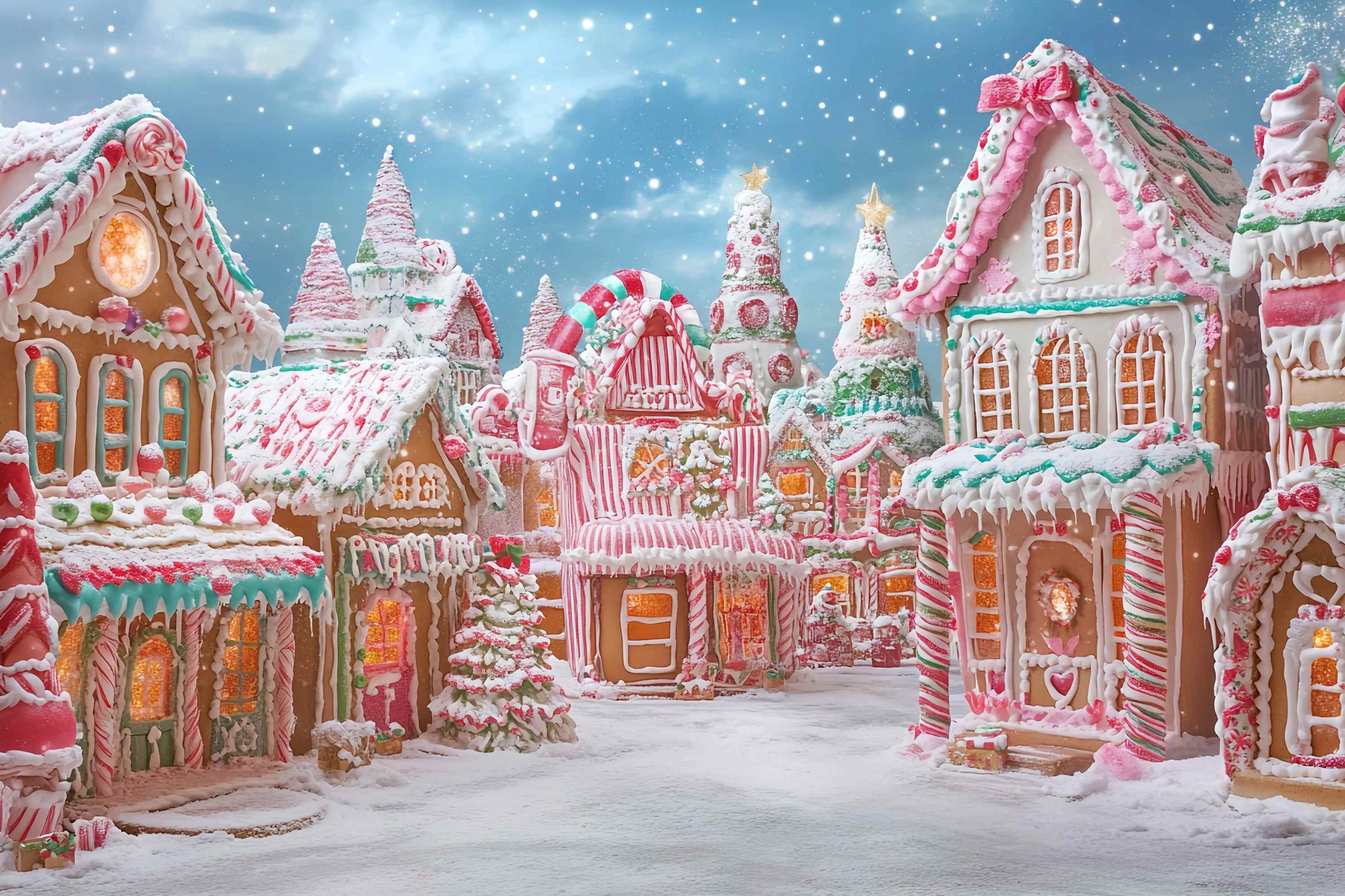 Candyland Weihnachten Backdrop Zuckerstange Lebkuchen Dorf Wunderland Weihnachten Studiohintergrund für Fotos TWW58-87
