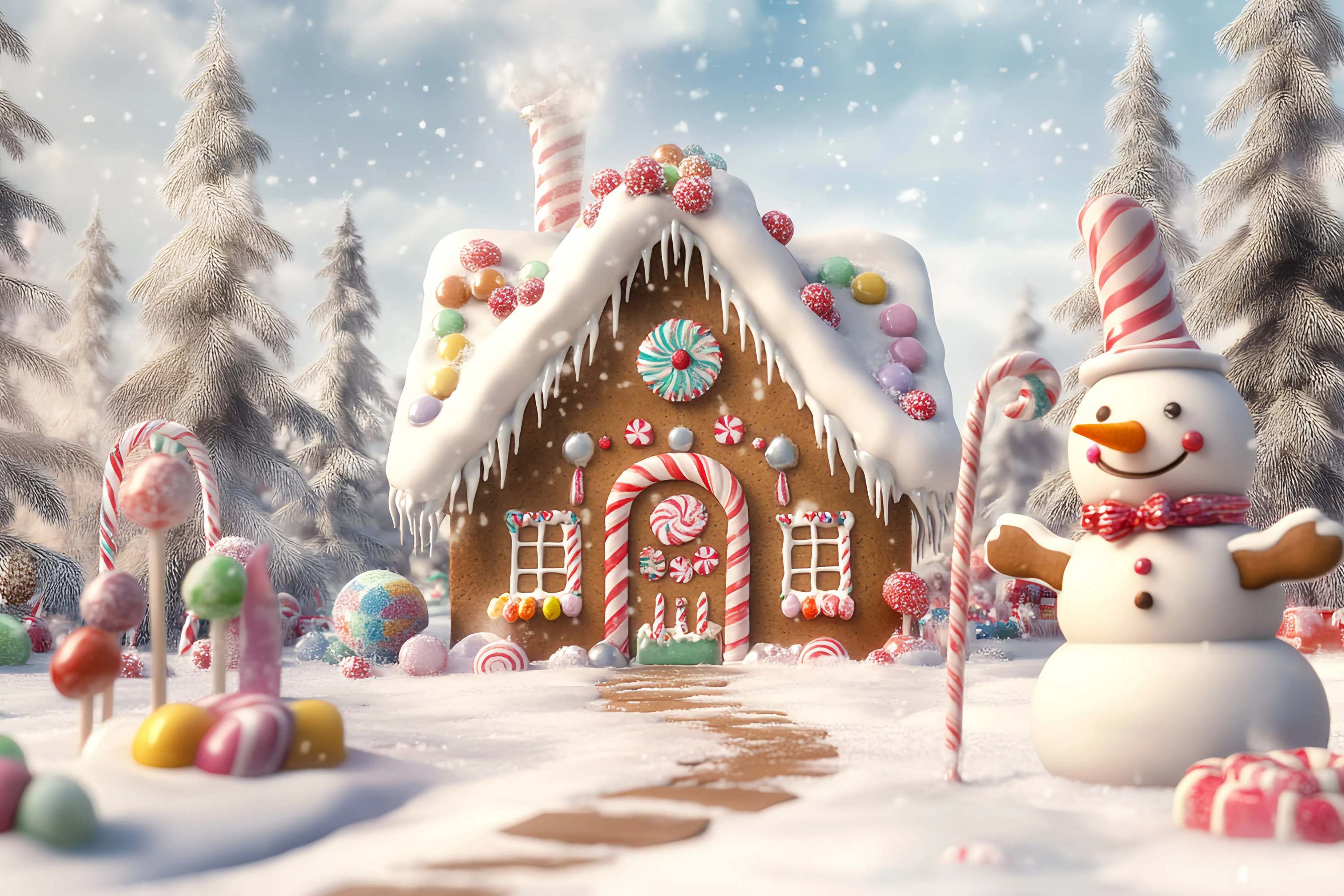 Candyland Weihnachten Backdrop Lebkuchenhaus Schneemann Süßigkeiten Garten Weihnachten Studiohintergrund 10x10 TWW58-88