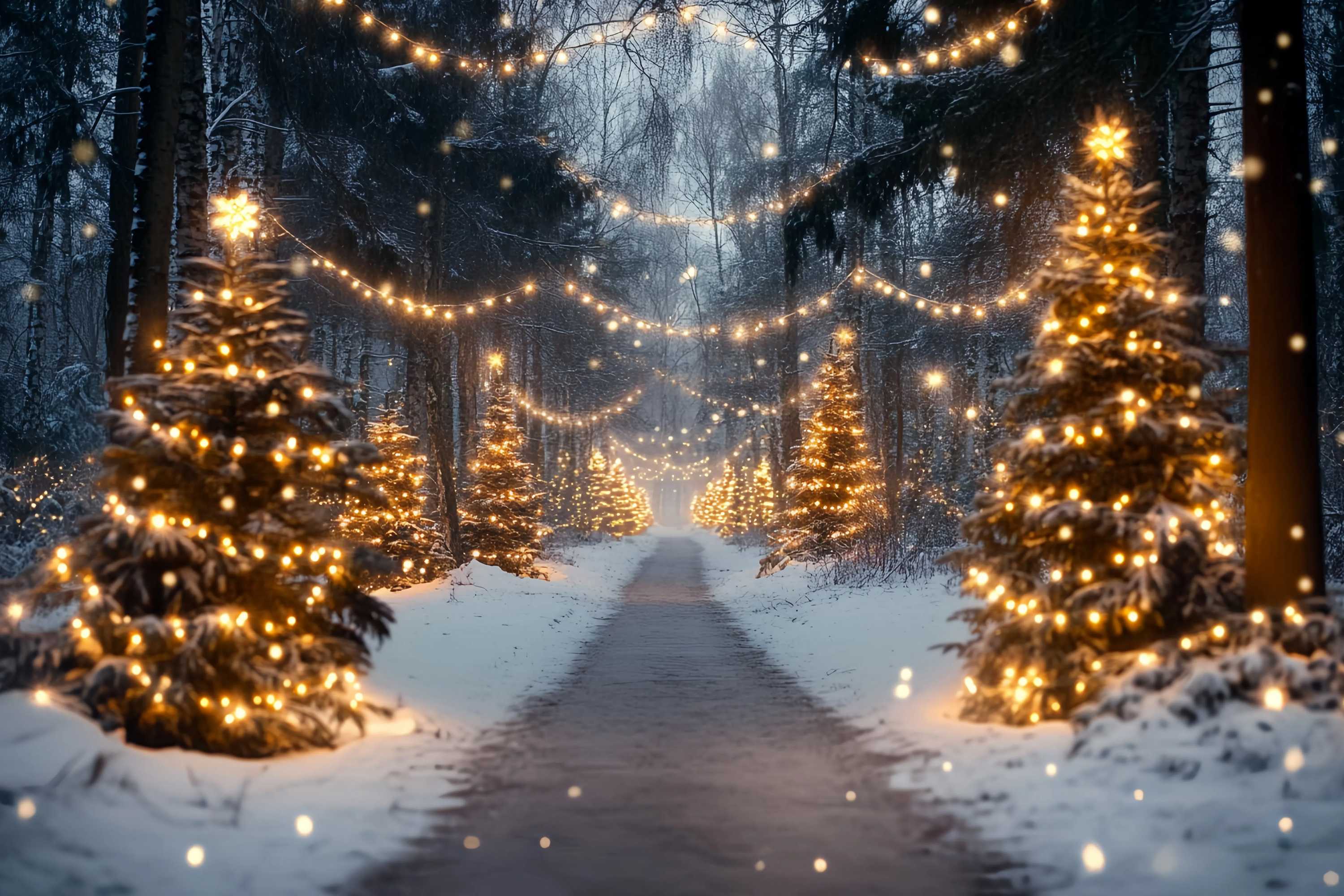 Weihnachtsbaum Bauernhof Fotohintergrund verschneite Waldweg Goldene Lichter Weihnachten Fotokulissen TWW58-89