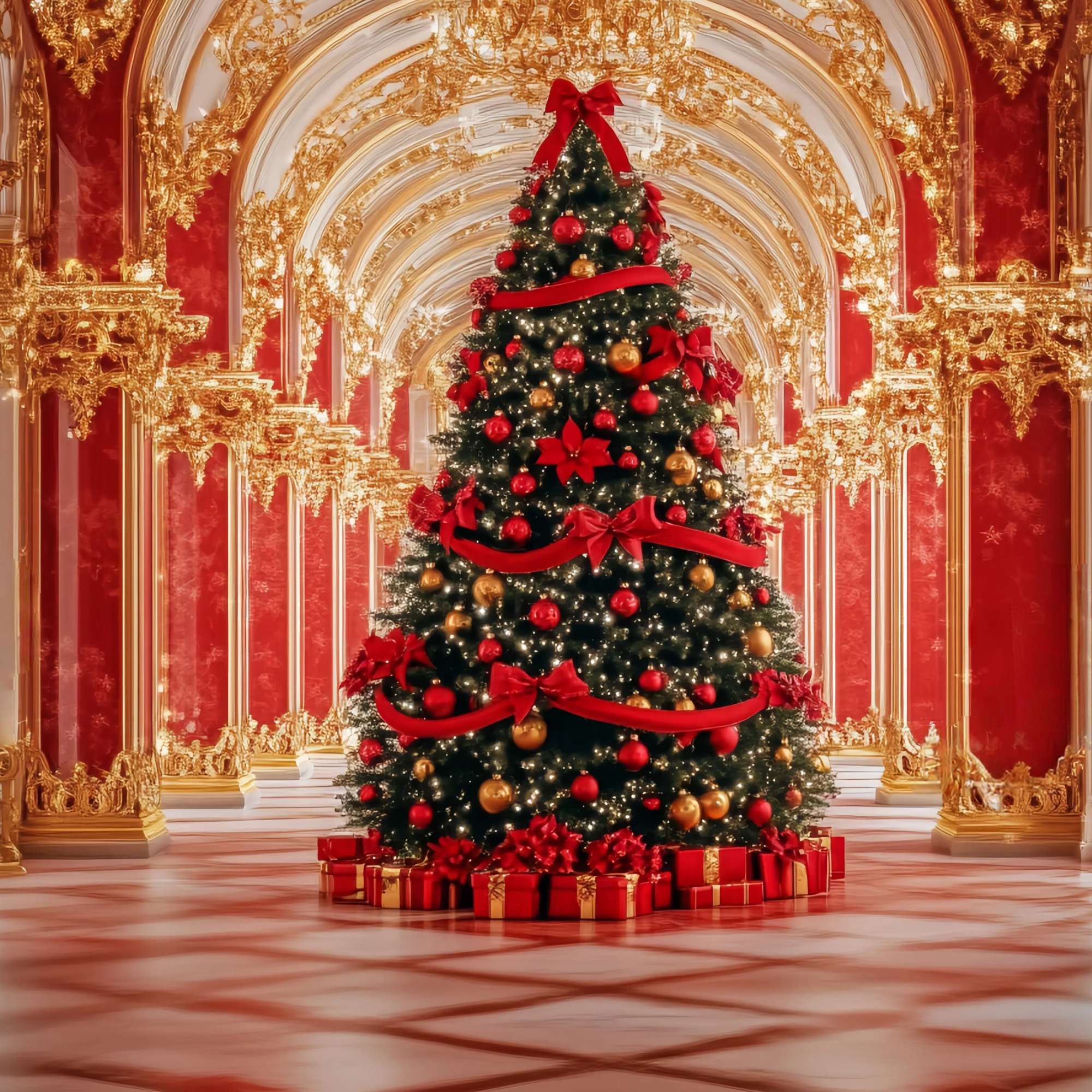 Roter WeihnachtsFotohintergrund Opulenter Palast Weihnachtsbaum Display Weihnachtshintergründe 10x10 TWW58-91