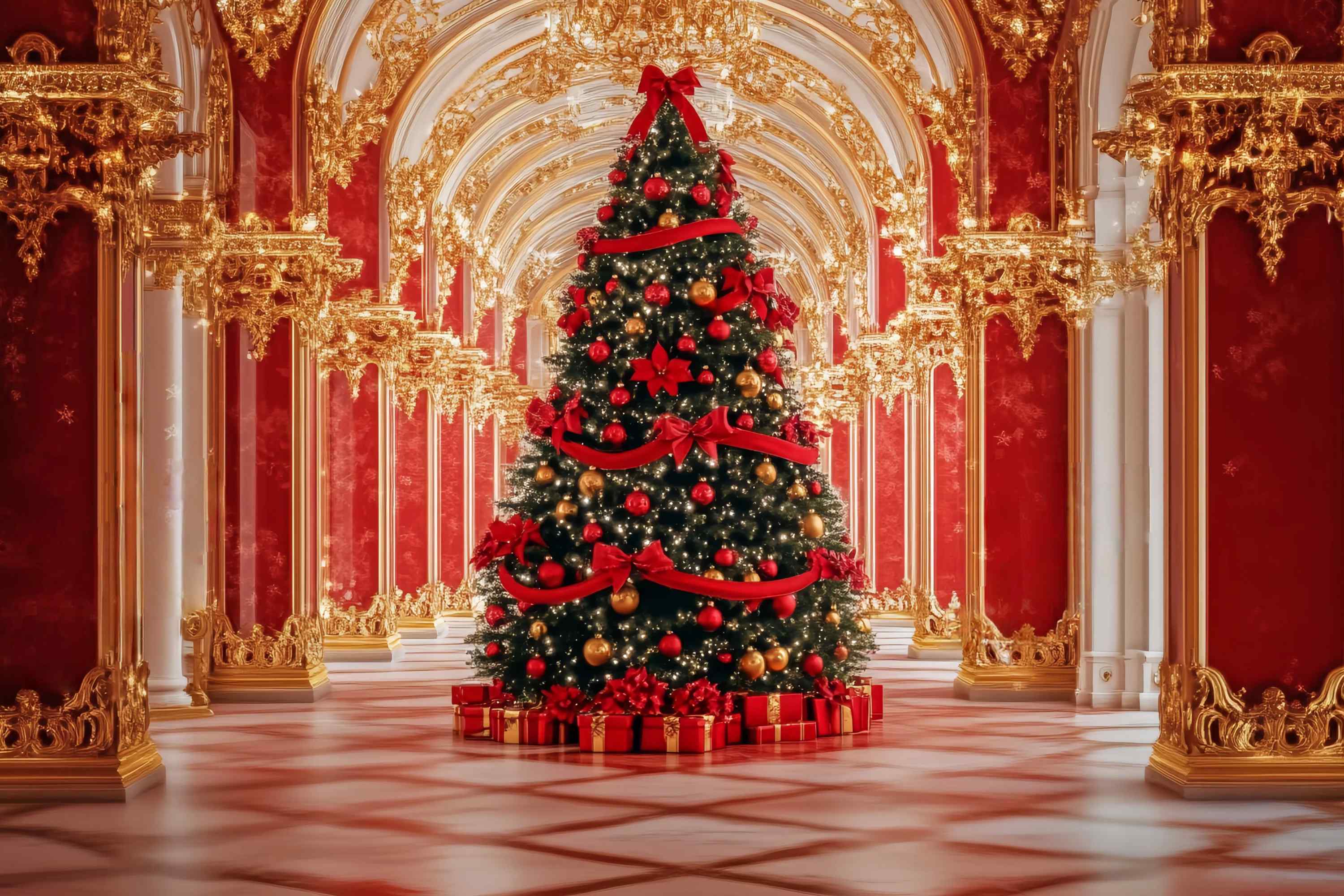 Roter WeihnachtsFotohintergrund Opulenter Palast Weihnachtsbaum Display Weihnachtshintergründe 10x10 TWW58-91