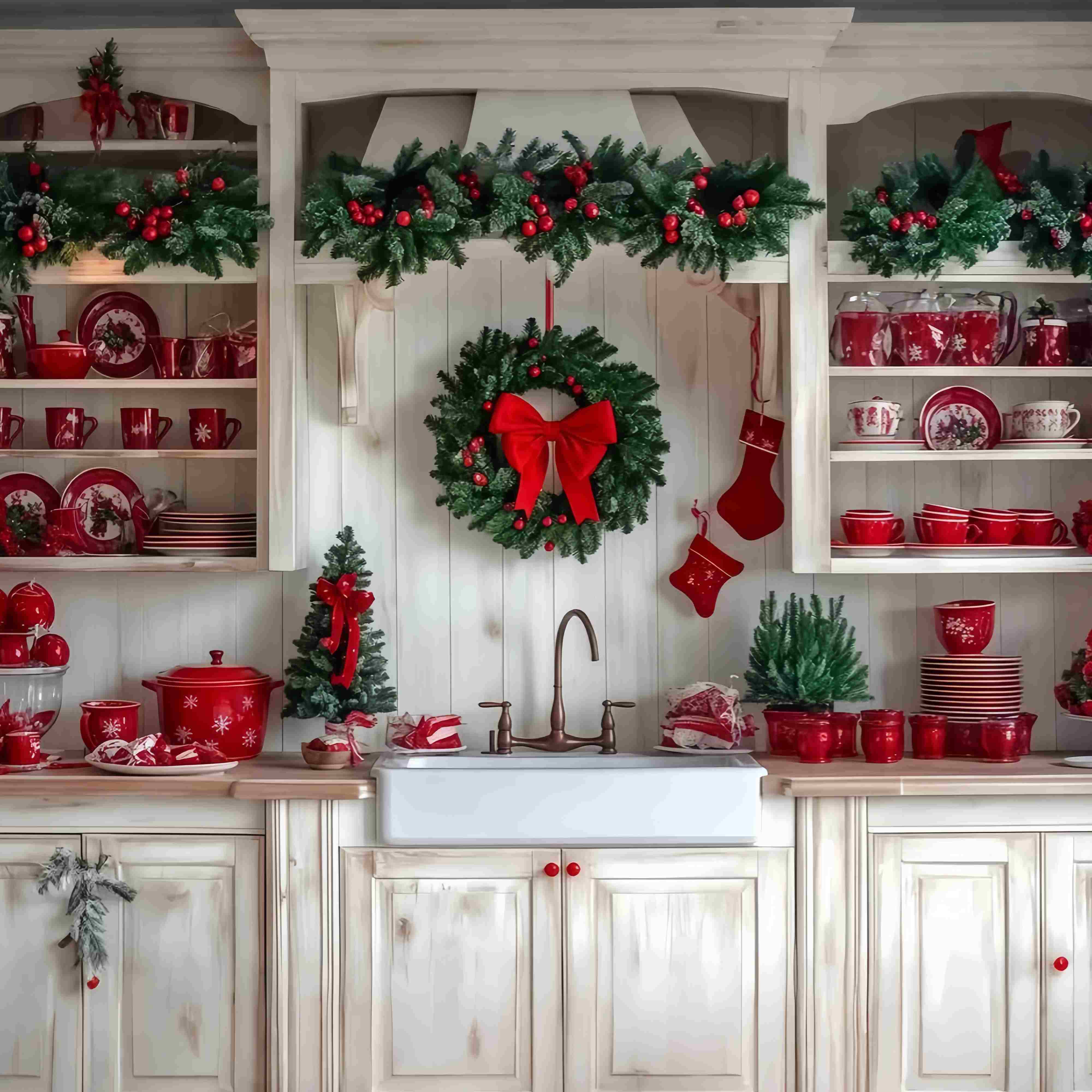 Weihnachten Küche Backdrop Festliche Küche Kranz Rotes Geschirr Weihnachten Studiohintergrund für Fotografie TWW58-92