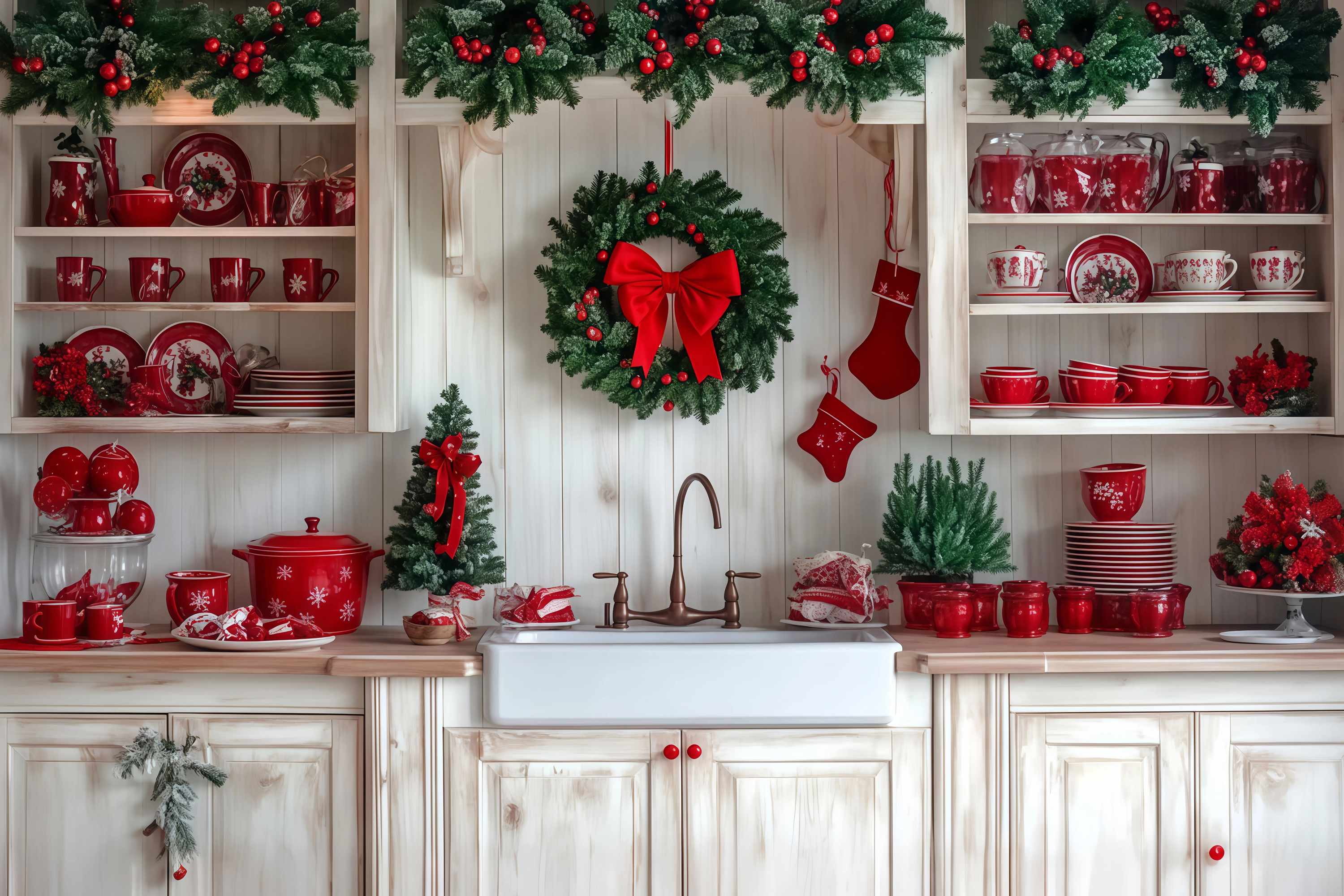 Weihnachten Küche Backdrop Festliche Küche Kranz Rotes Geschirr Weihnachten Studiohintergrund für Fotografie TWW58-92