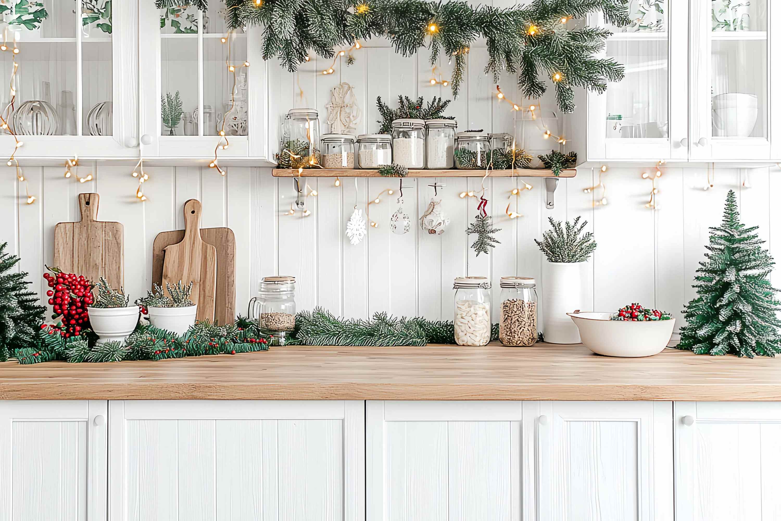 Weihnachten Küche Fotohintergrund weiß Küchentheke immergrüne Girlande glühen Weihnachten Hintergründe für Fotos TWW58-95