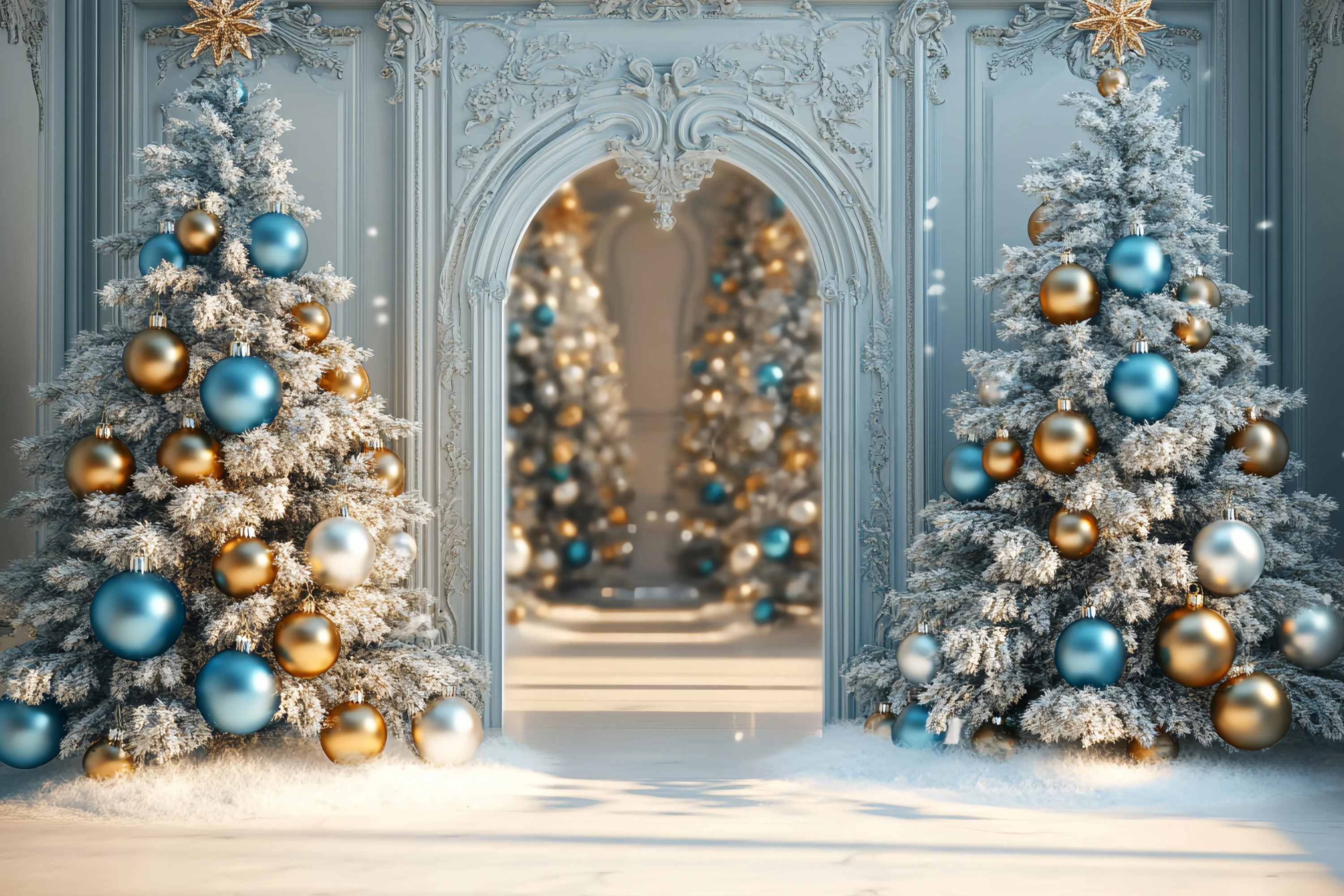Weihnachtsbaum Backdrop Frosted Blau Gold Ornament Bäume Weihnachten Studiohintergrund 10x10 TWW58-96