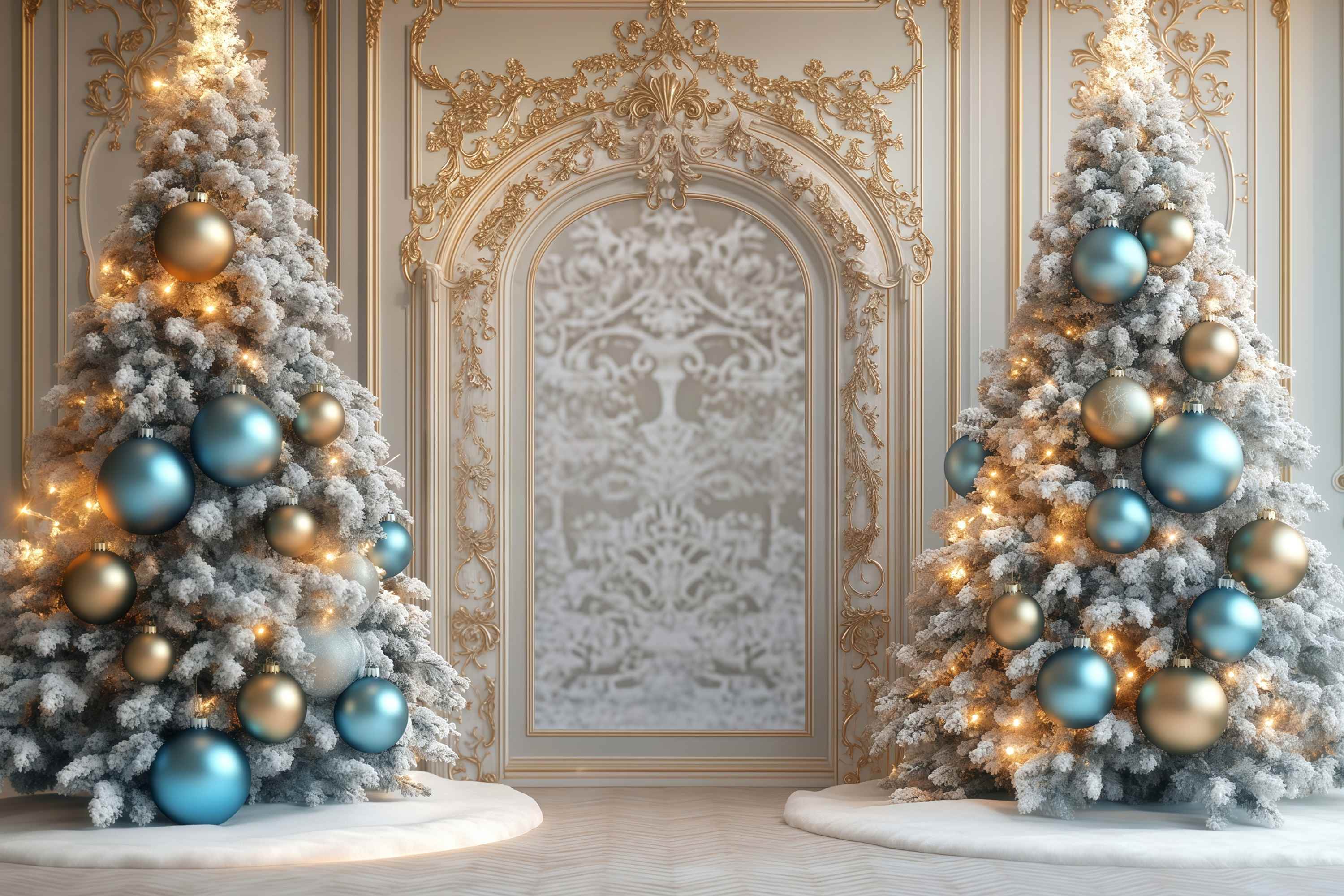 Weihnachtsbaum Backdrop Golden Trim Frosted Trees Archway Christmas Studiohintergrund für Fotografie TWW58-97
