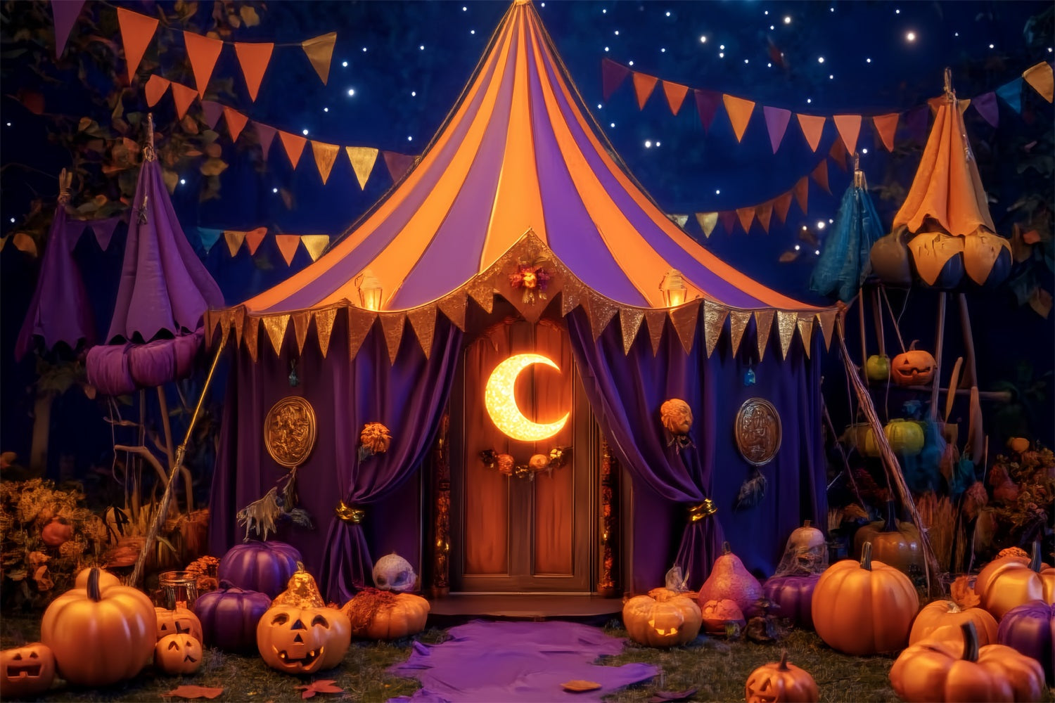 Halloween-Zirkus-Fotohintergrund Kürbis Halbmond Zelt Zirkus-Fotohintergrund TWW59-1