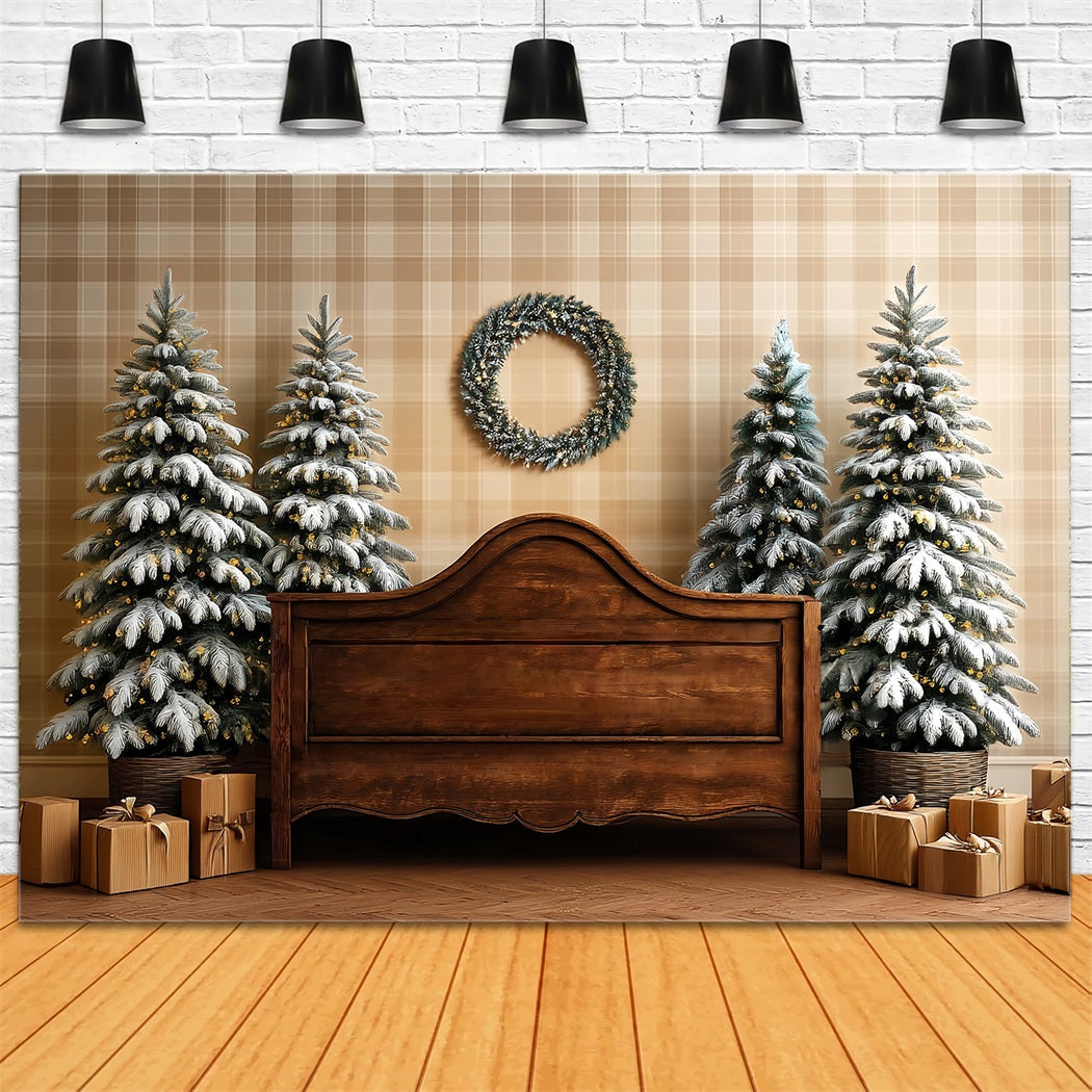Weihnachts-Kopfteil Fotohintergrund Bereifte Tanne Rustikales Bett Weihnachtshintergründe TWW59-101