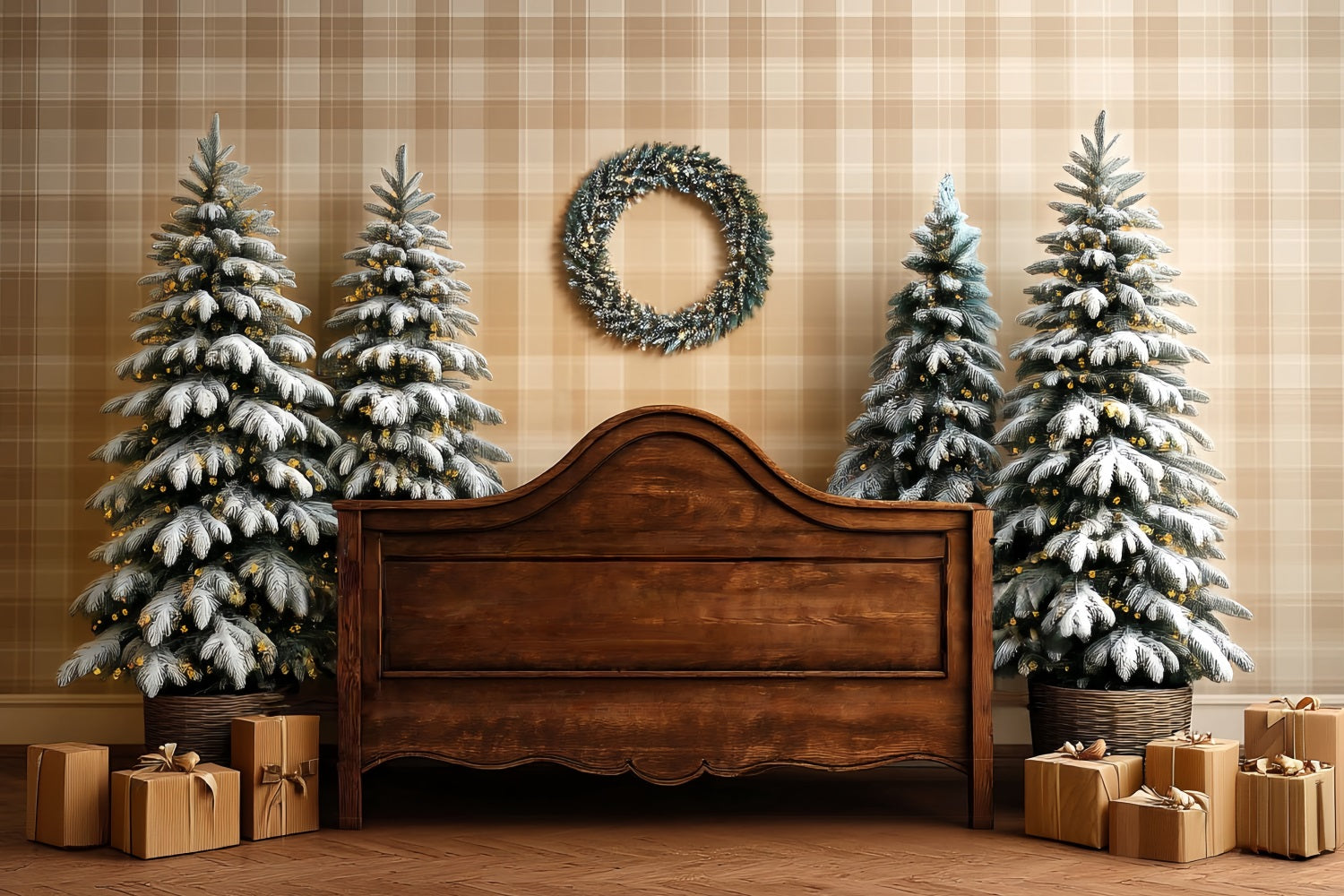 Weihnachts-Kopfteil Fotohintergrund Bereifte Tanne Rustikales Bett Weihnachtshintergründe TWW59-101