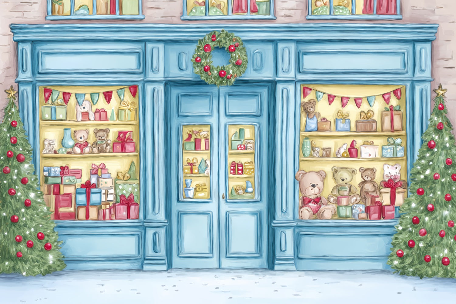 Spielzeugladen Fotohintergrund Spielzeugladen-Schaufenster Teddybären-Auslage WeihnachtsFotohintergrund TWW59-105