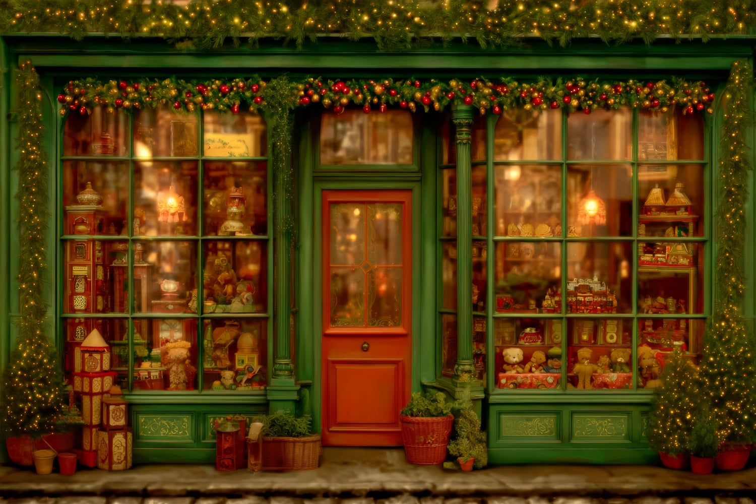 Spielzeugladen Fotohintergrund Vintage-grünes Fenster Spielzeugladen Weihnachtshintergründe TWW59-106