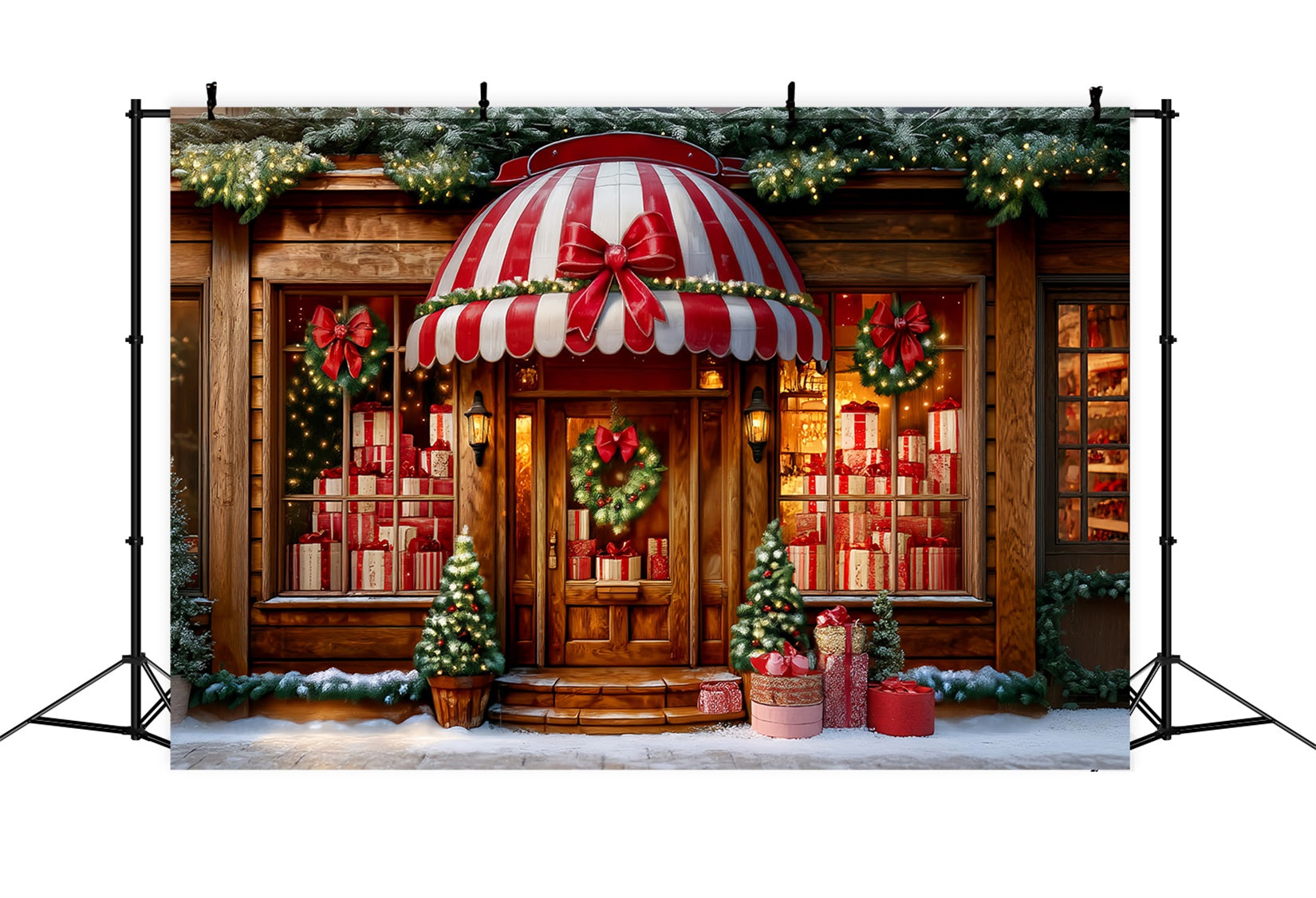 Spielzeugladen Fotohintergrund Gestreifte Markise Geschenkeladen-WeihnachtsFotohintergrund-Ideen TWW59-108