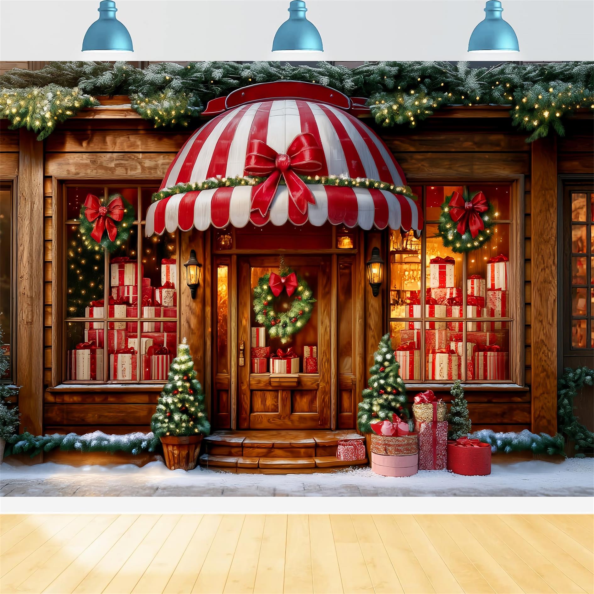 Spielzeugladen Fotohintergrund Gestreifte Markise Geschenkeladen-WeihnachtsFotohintergrund-Ideen TWW59-108