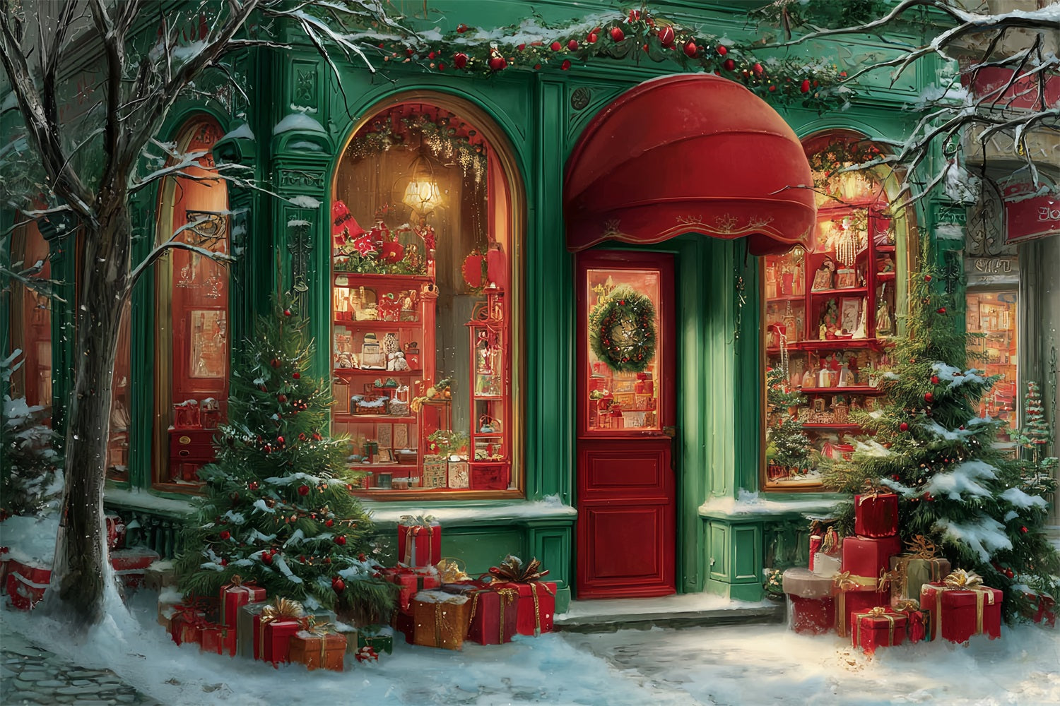 Spielzeugladen Fotohintergrund Weihnachtsboutique Rote Markise Weihnachtshintergründe für Fotos TWW59-111